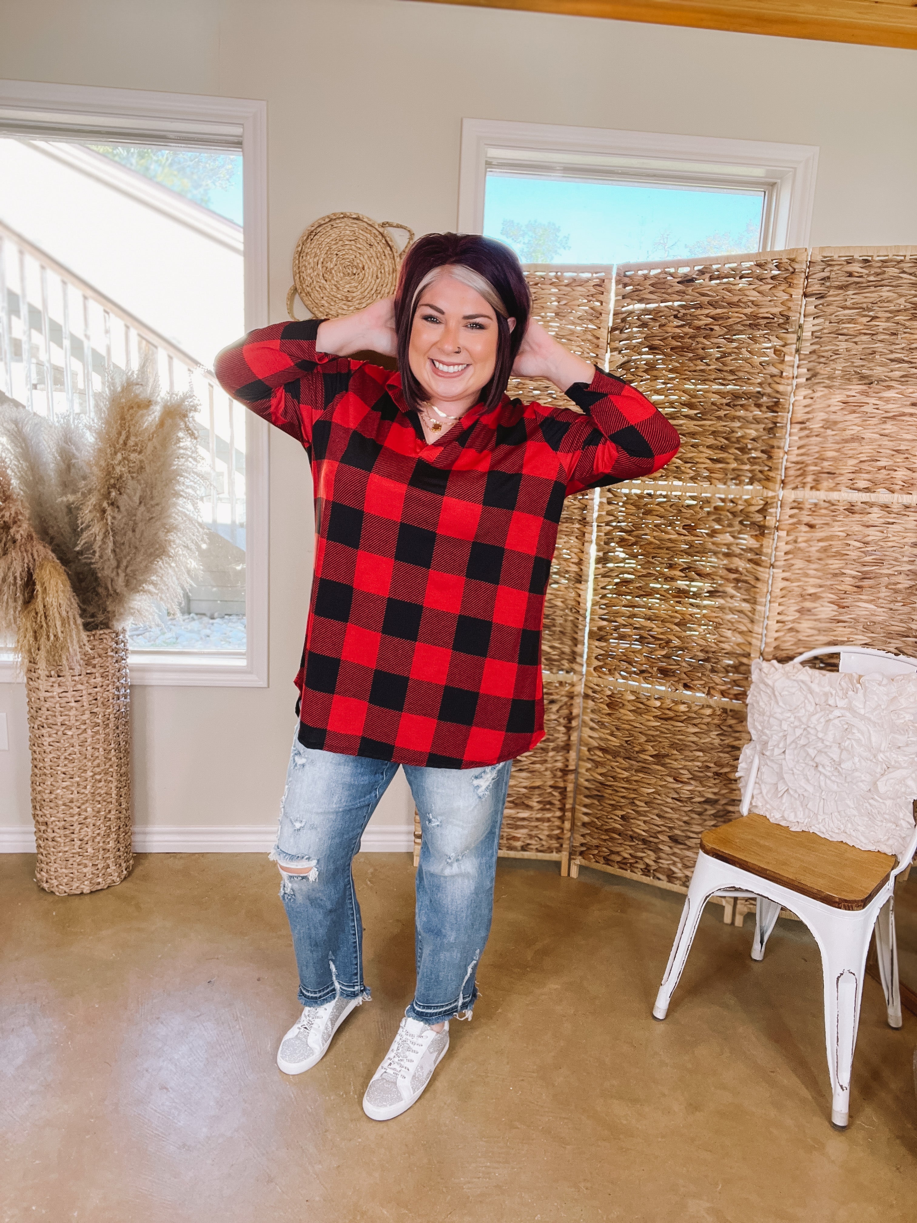 Scenic Route Buffalo Plaid Collared Tunic Top in Red - Giddy Up Glamour Boutique