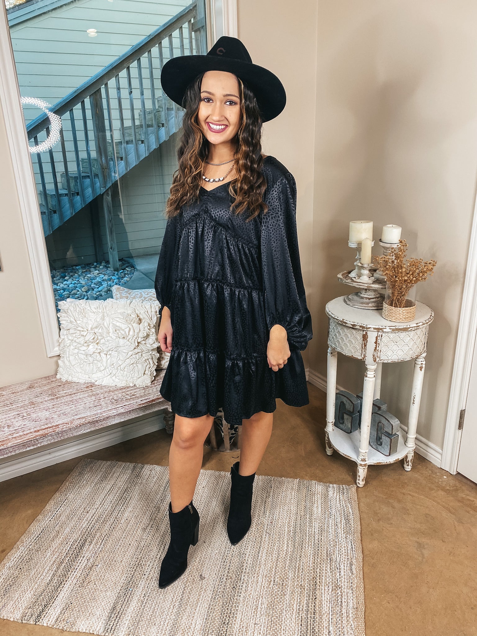 Midnight Shine Dotted Ruffle Tiered Satin Dress with Back Tie in Black - Giddy Up Glamour Boutique