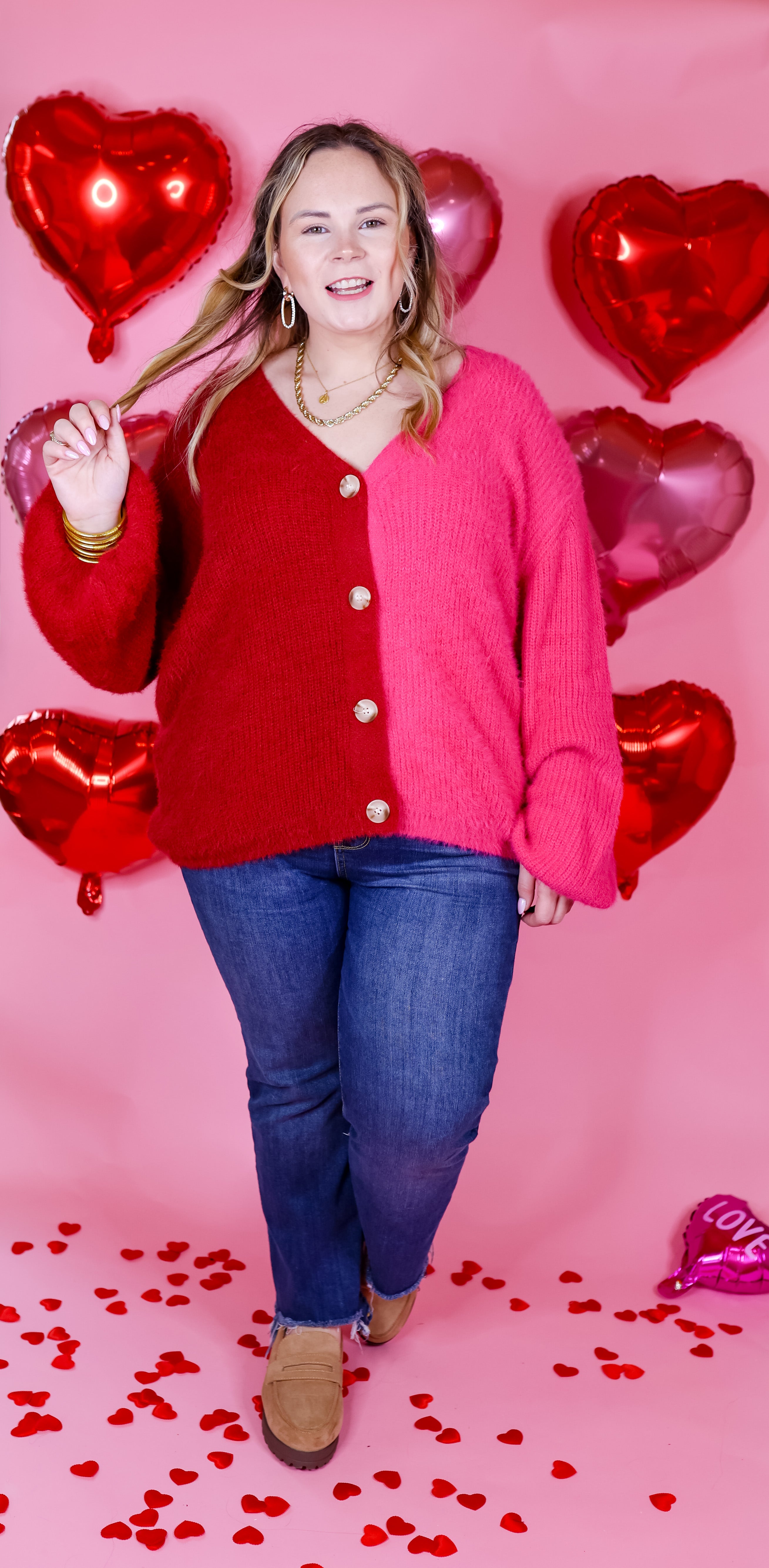 Fireside Feels Color Block Button Up Cardigan with Balloon Sleeves in Hot Pink and Red - Giddy Up Glamour Boutique