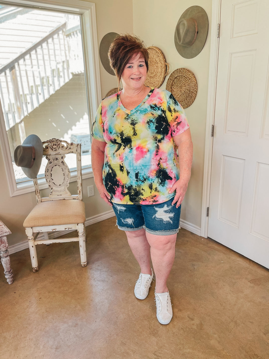 Last Chance Size Small | Keep Things Simple Tie Dye V Neck Tee in Black Multi - Giddy Up Glamour Boutique
