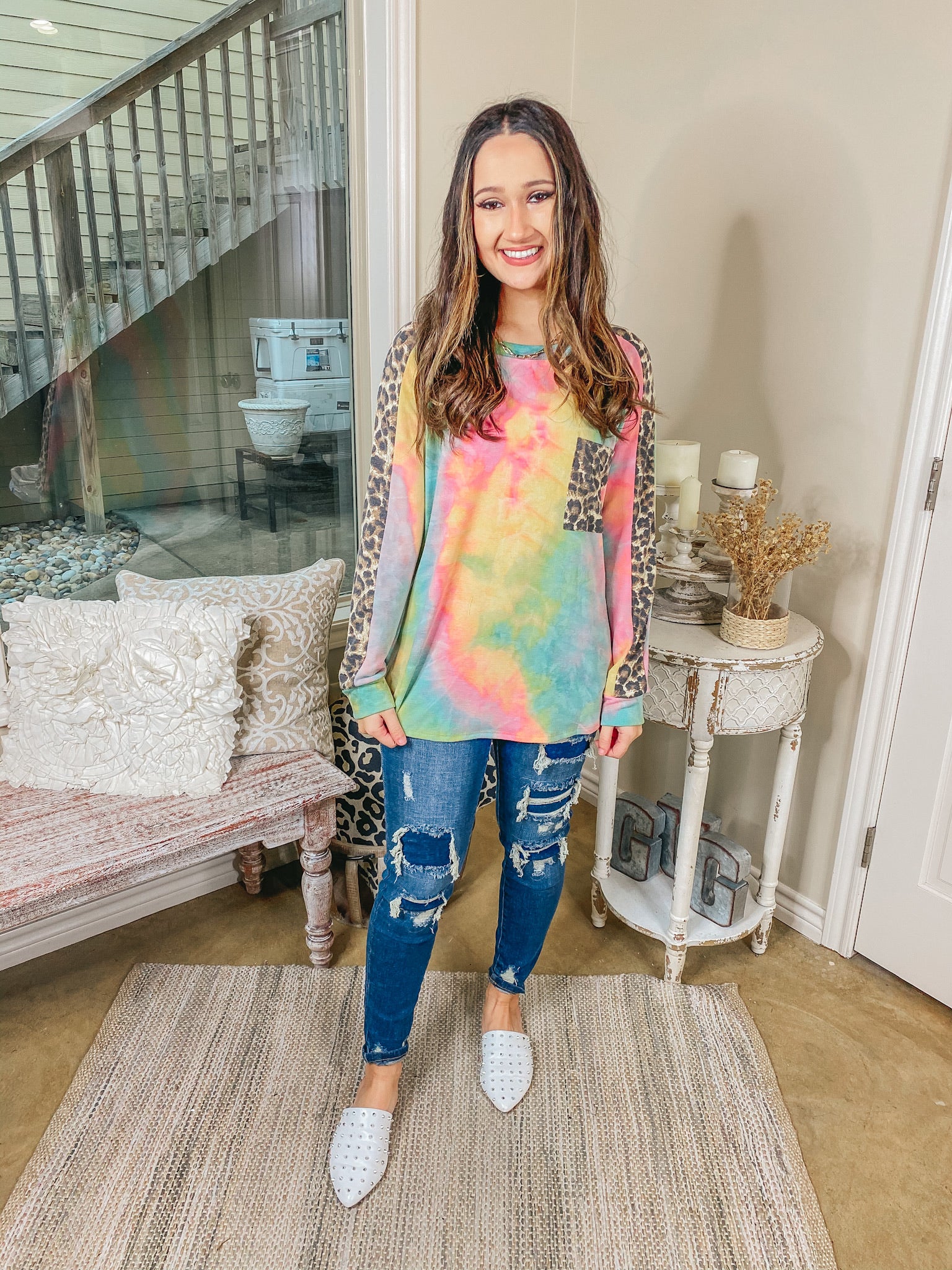 Last Chance Size Small & 3XL | She's A Hippie Sister Tie Dye Long Sleeve Top with Leopard Accents in Yellow, Pink, and Blue - Giddy Up Glamour Boutique