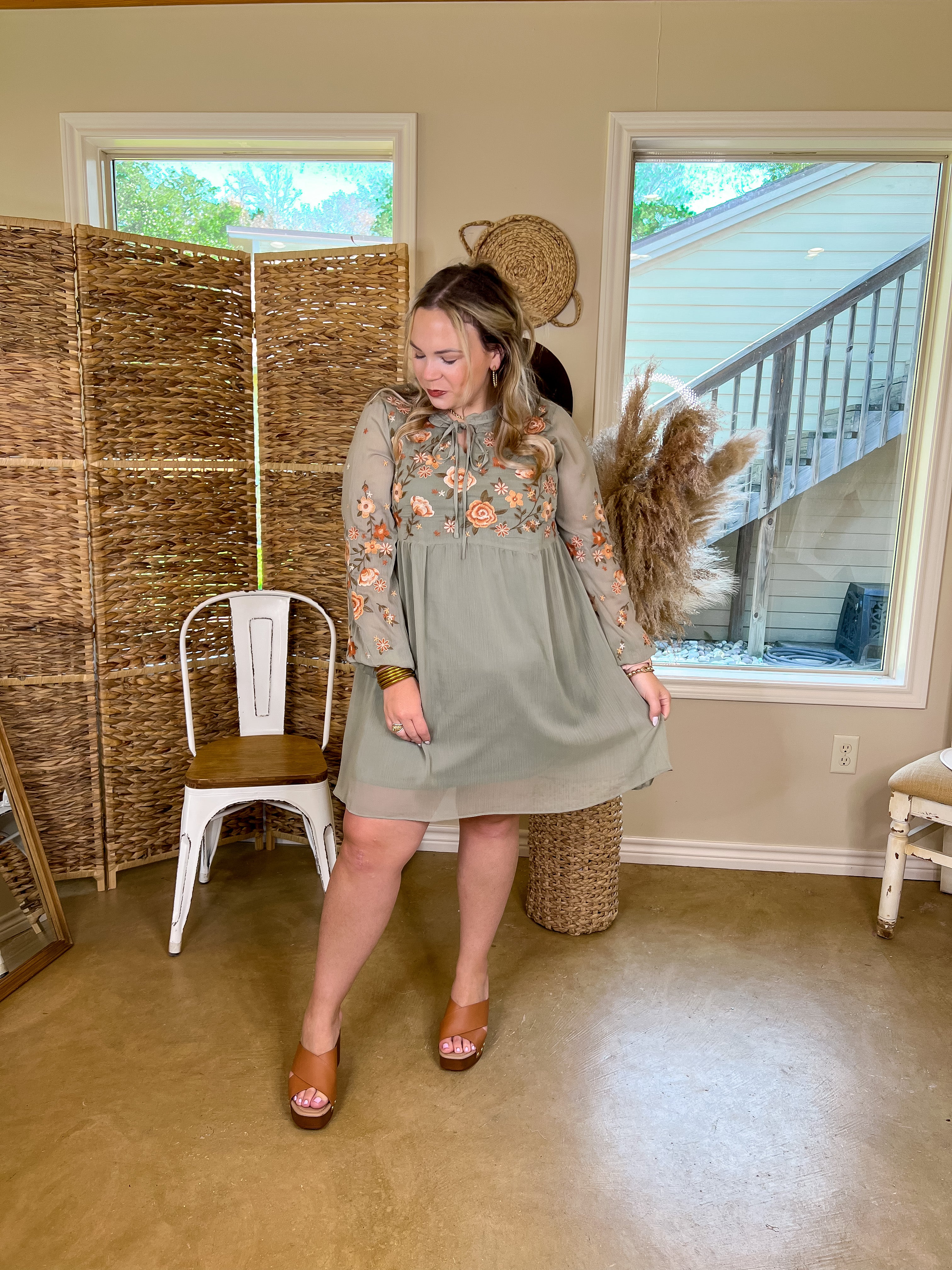 Headed For The Pines Long Sleeve Floral Embroidered Dress in Sage Green - Giddy Up Glamour Boutique