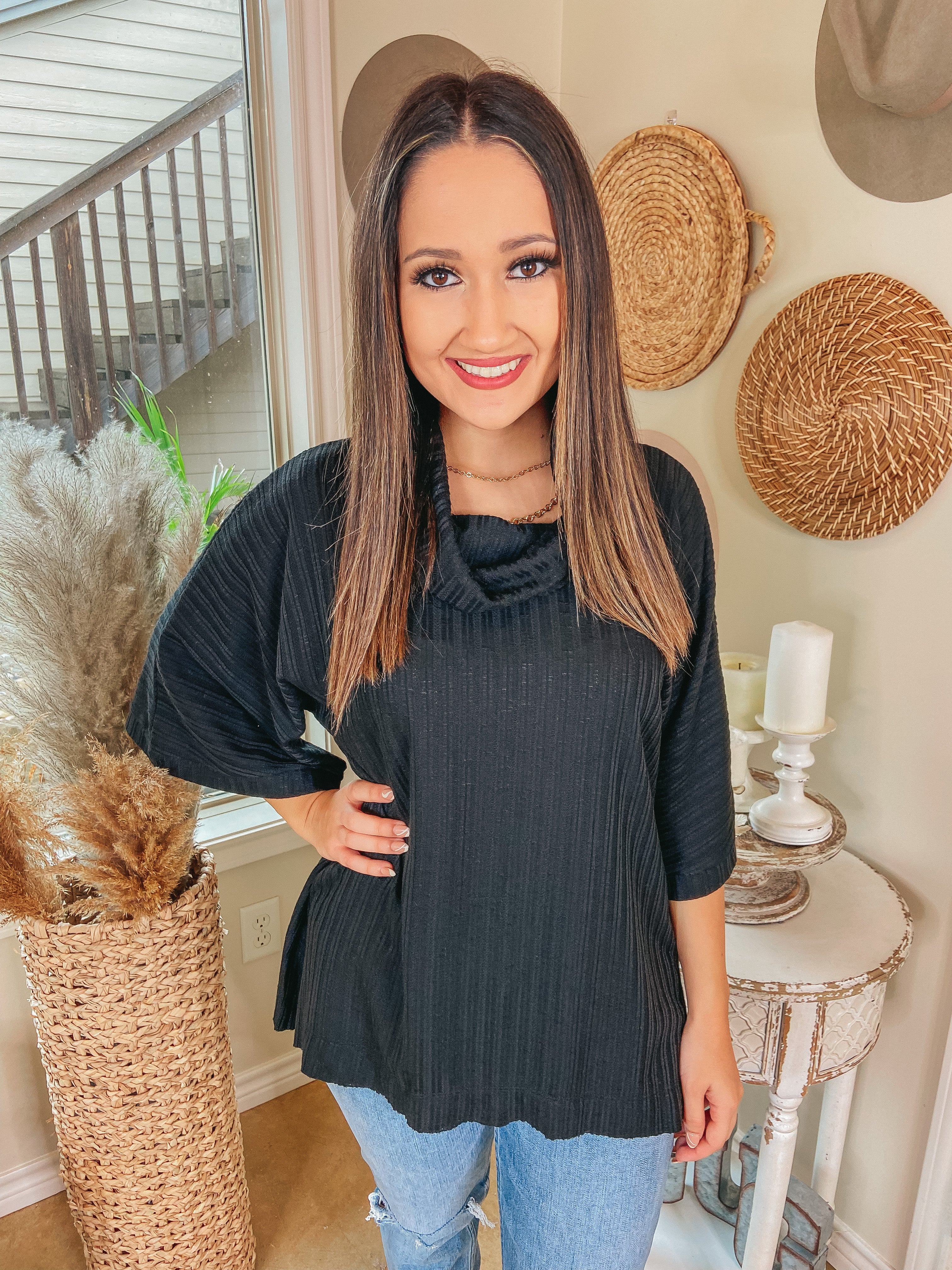 Always Carefree Ribbed Cowl Neck Poncho Top in Black - Giddy Up Glamour Boutique