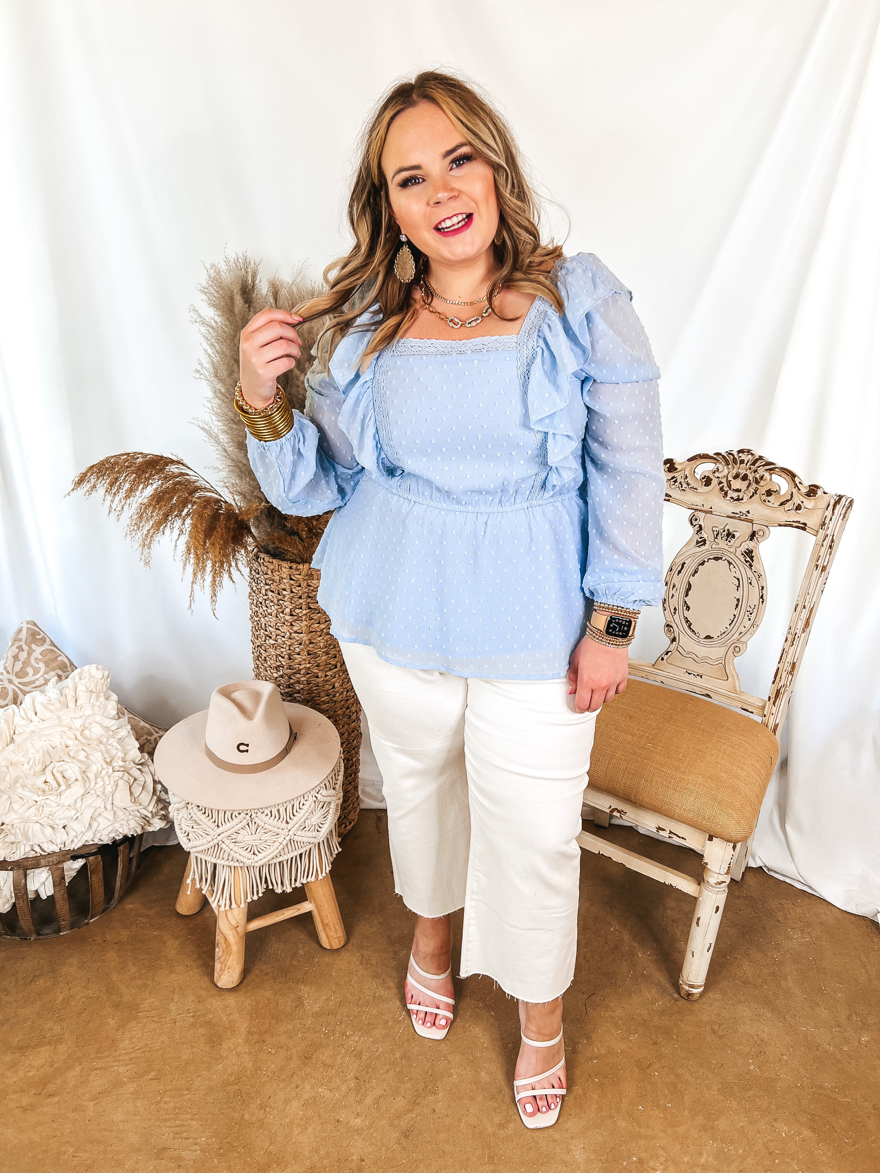 Spring Into Action Swiss Dot Long Sleeve Peplum Top with Ruffle Detail in Baby Blue - Giddy Up Glamour Boutique