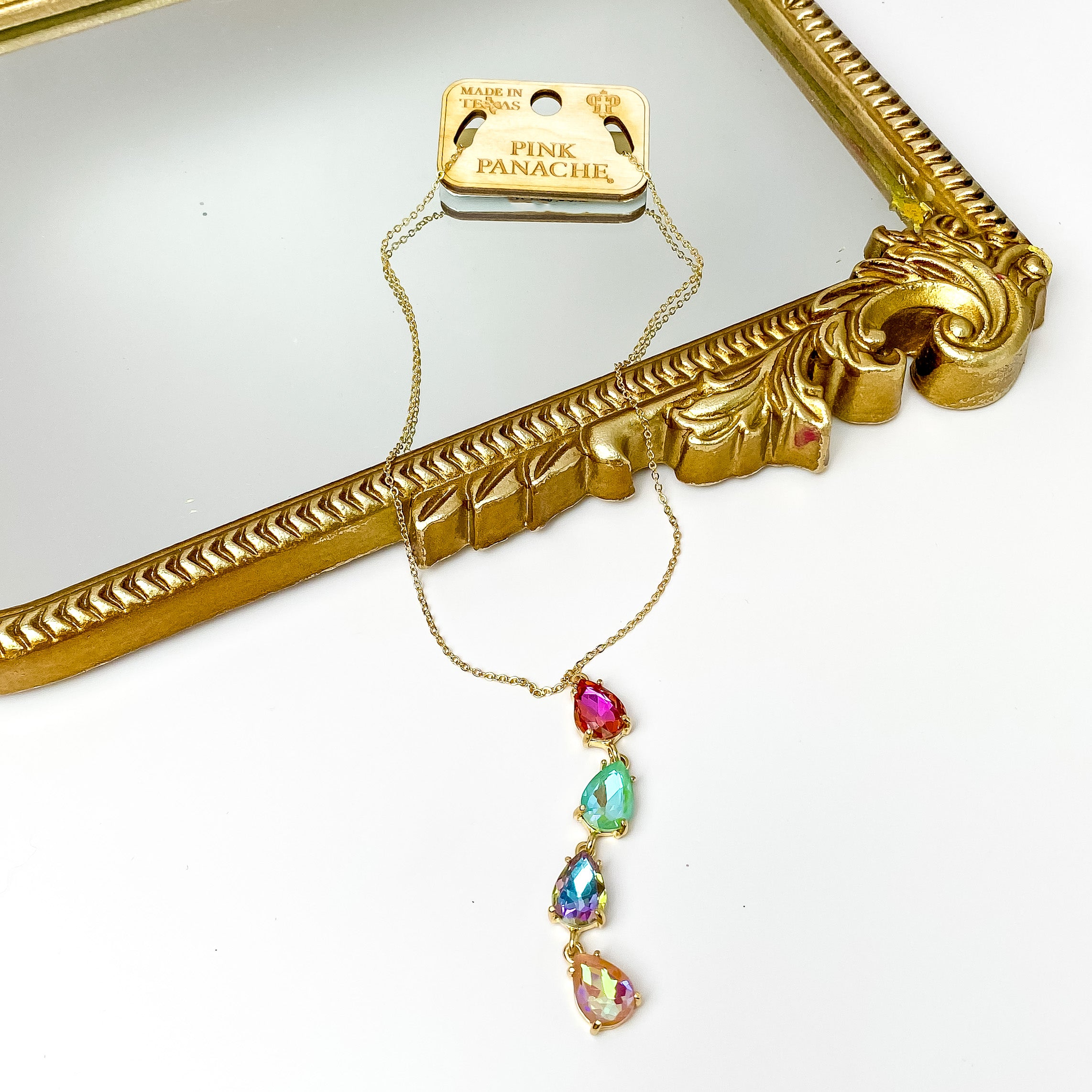 Pink Panache | Gold Tone Chain Necklace with Four Crystal Teardrop Pendant in Multicolor - Giddy Up Glamour Boutique