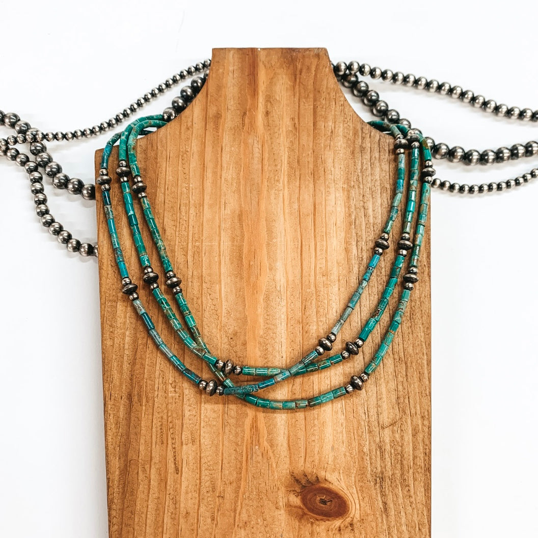 Navajo | Navajo Handmade Sterling Silver 3 Strand Turquoise Beaded Necklace with Navajo Pearl Spacer Beads - Giddy Up Glamour Boutique