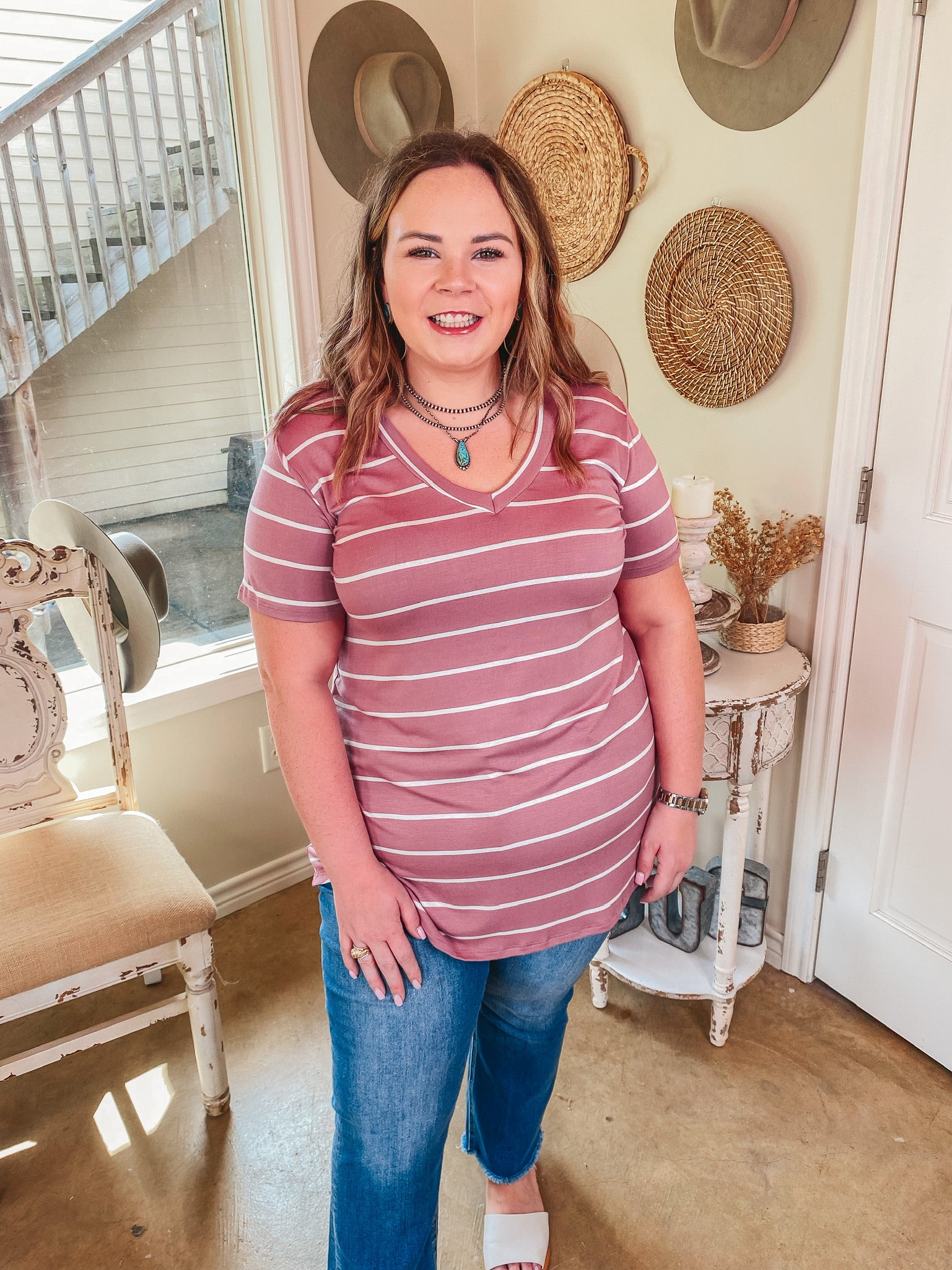 Keep Things Casual Striped V Neck Tee in Mauve - Giddy Up Glamour Boutique