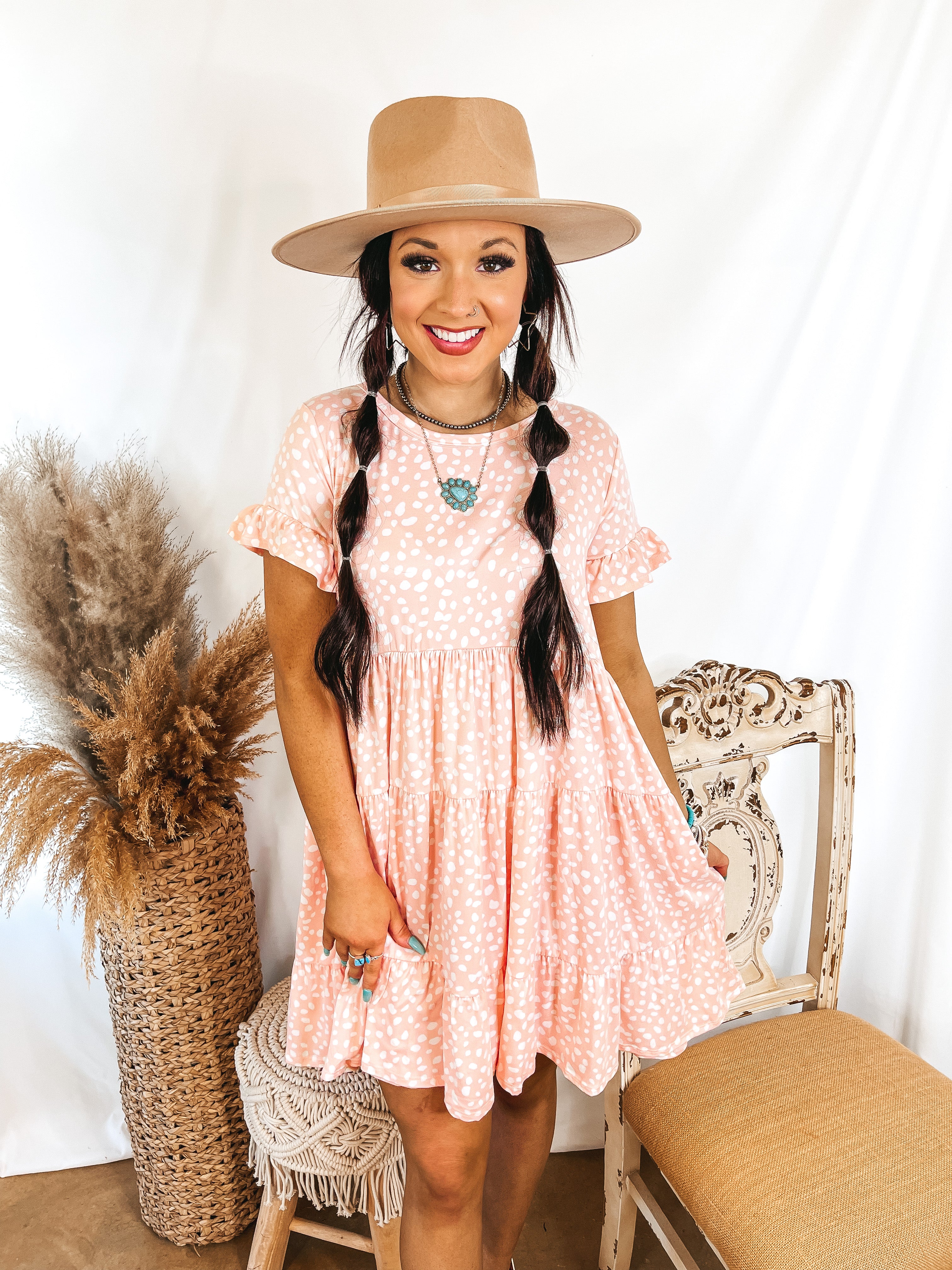 Cloud Nine Dotted Ruffle Tiered Dress with Ruffle Sleeves in Peach Pink - Giddy Up Glamour Boutique