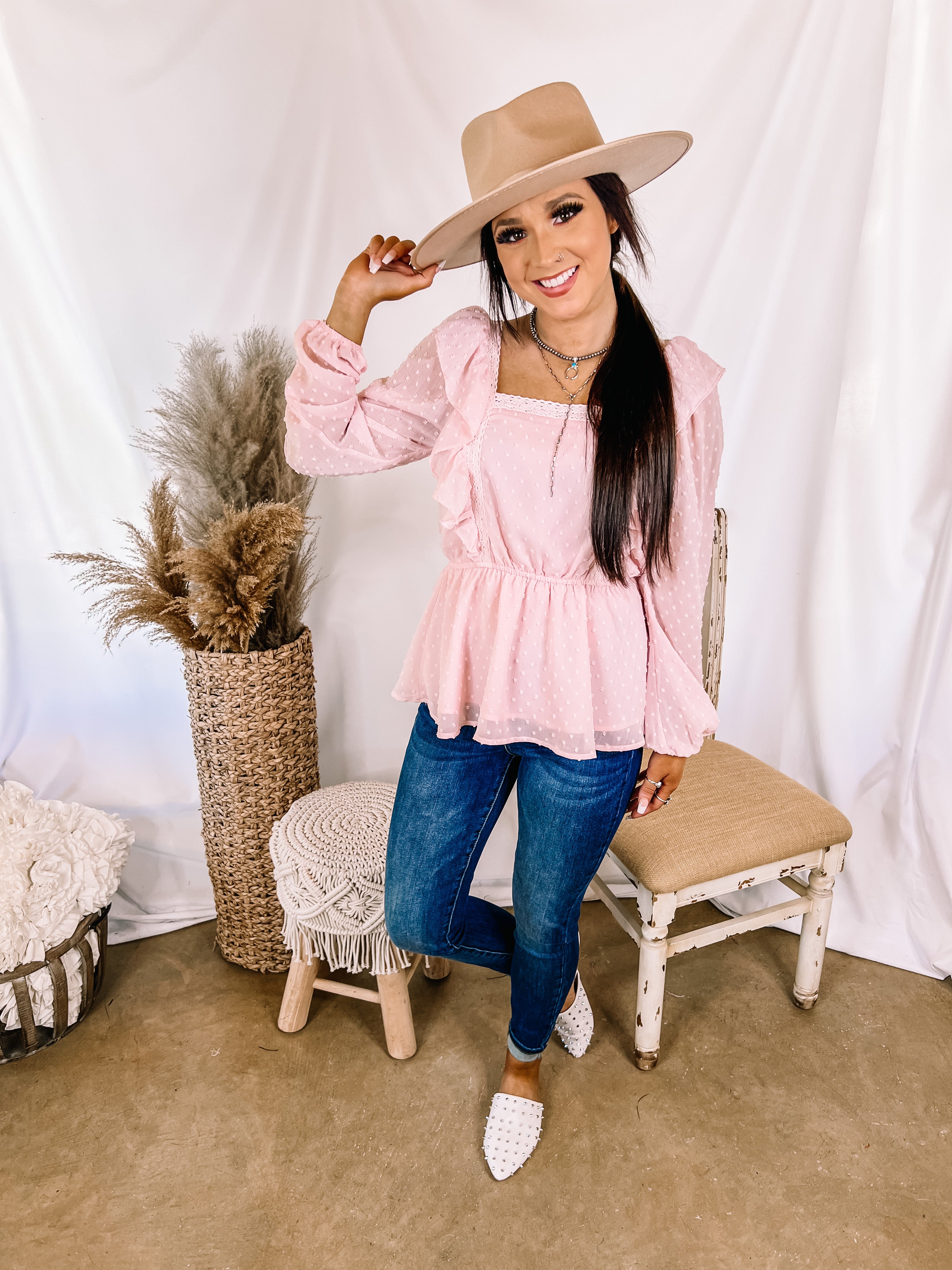 Spring Into Action Swiss Dot Long Sleeve Peplum Top with Ruffle Detail in Baby Pink - Giddy Up Glamour Boutique
