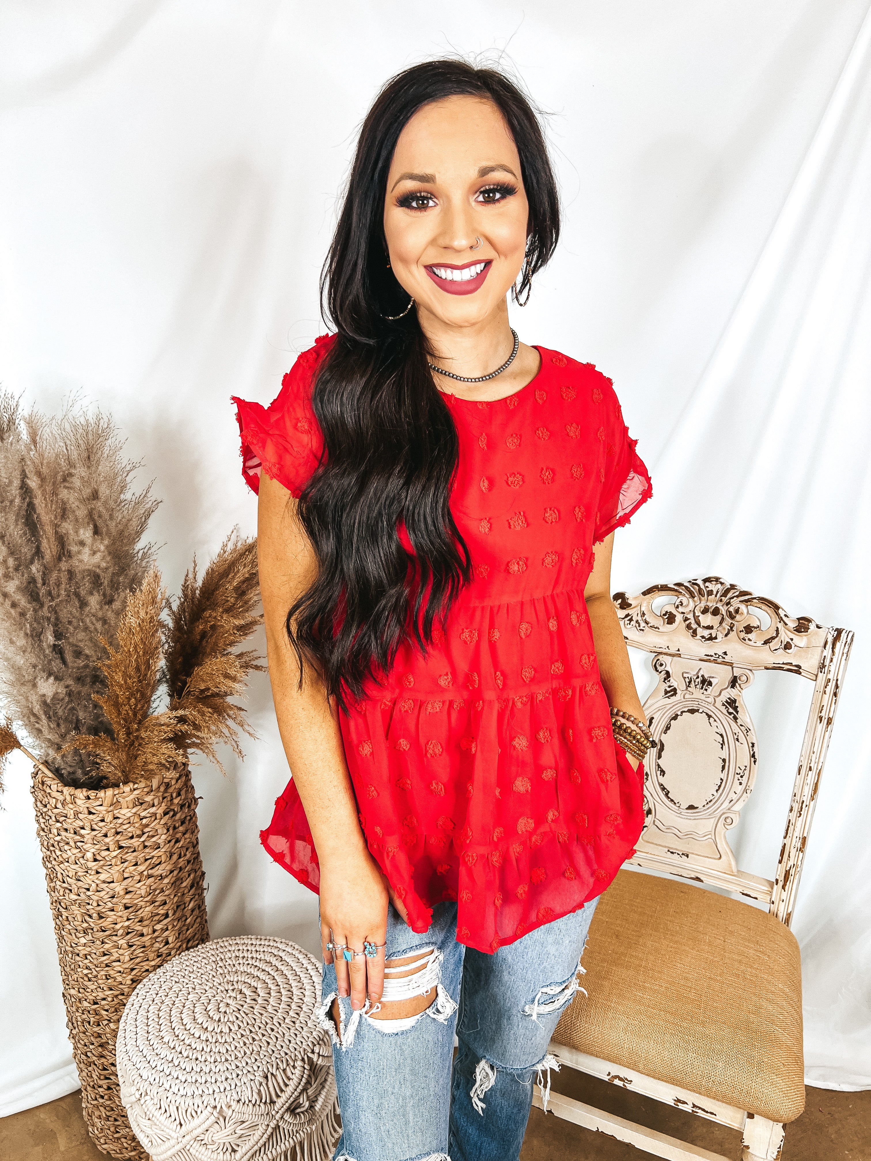Such A Delight Tiered Swiss Dot Top with Ruffle Cap Sleeves in Red - Giddy Up Glamour Boutique