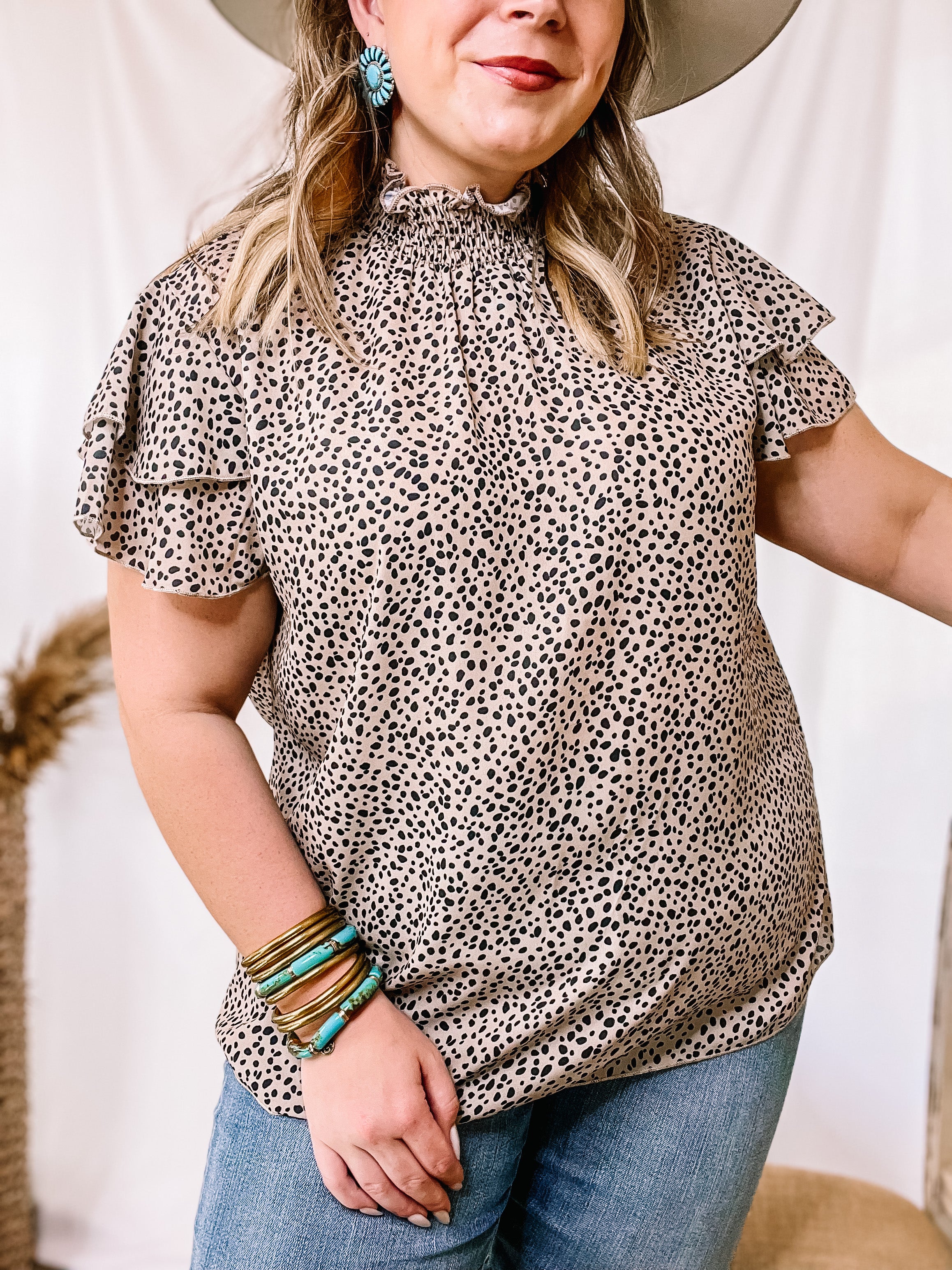 Tucked Away Dotted High Neck Top with Ruffle Short Sleeves in Taupe - Giddy Up Glamour Boutique