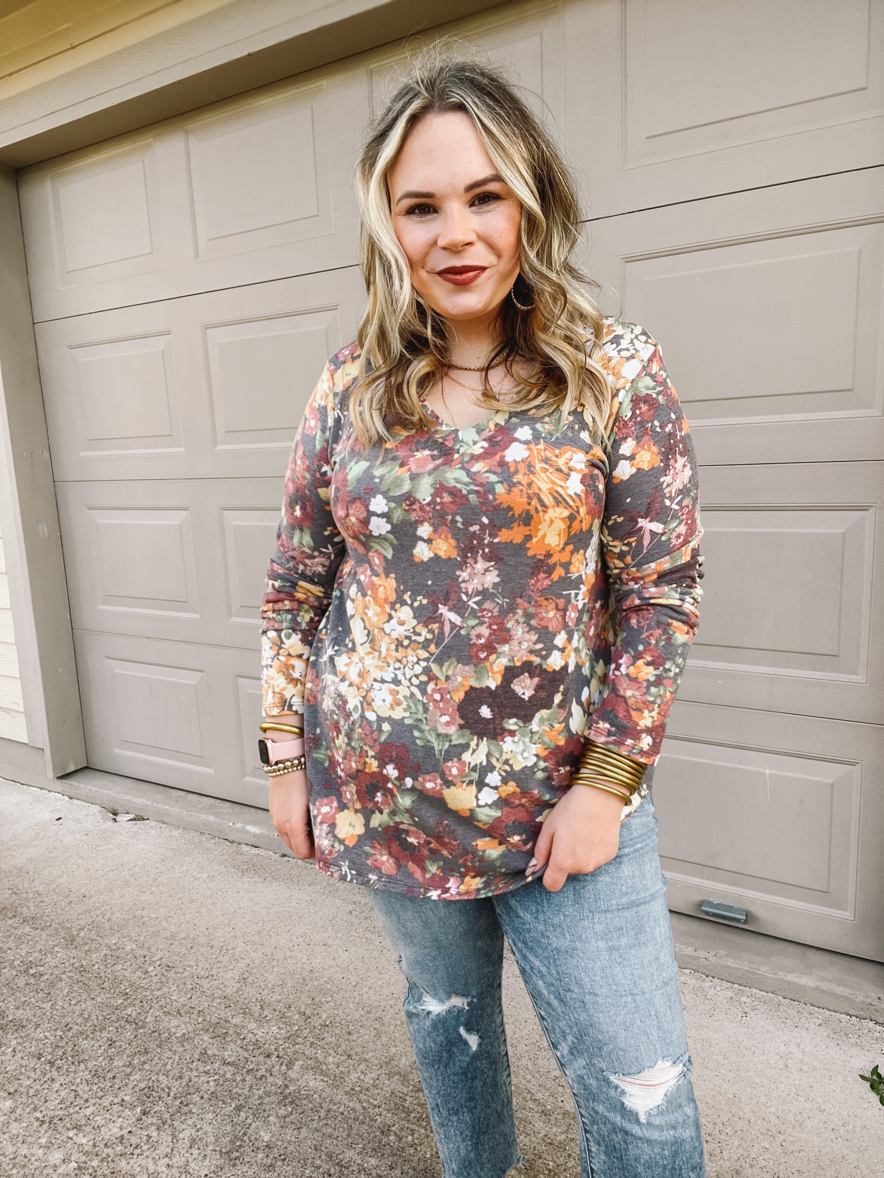 Keep Things Simple Long Sleeve Floral V Neck Pullover Top in Charcoal Grey - Giddy Up Glamour Boutique