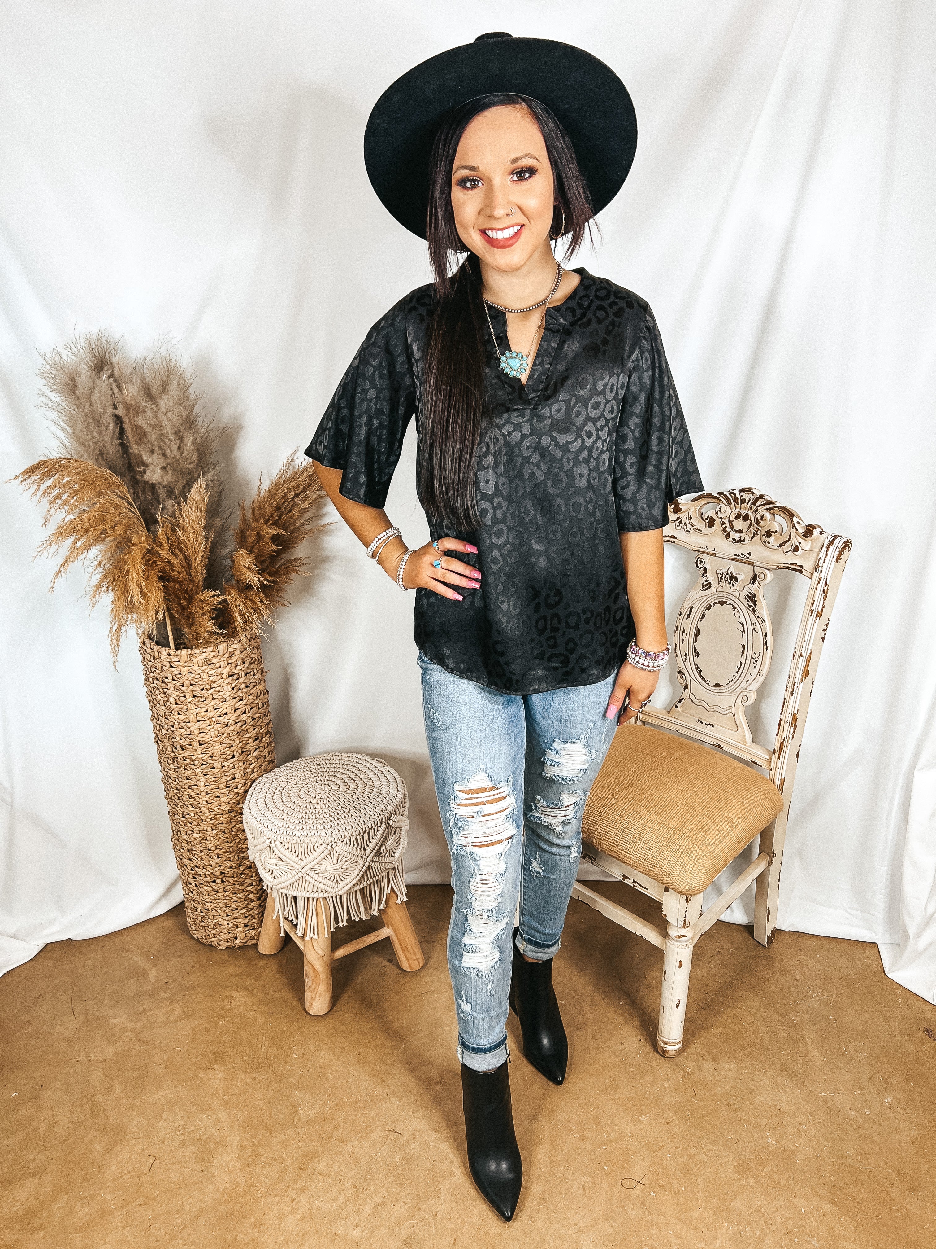 Treasure Forever Notched Neckline Satin Leopard Print Top in Black - Giddy Up Glamour Boutique