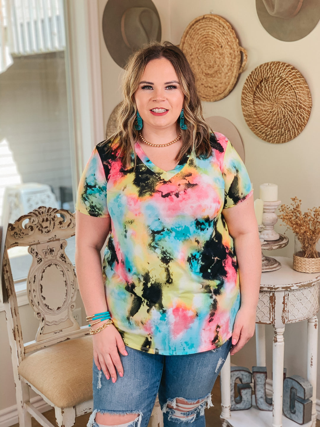 Last Chance Size Small | Keep Things Simple Tie Dye V Neck Tee in Black Multi - Giddy Up Glamour Boutique