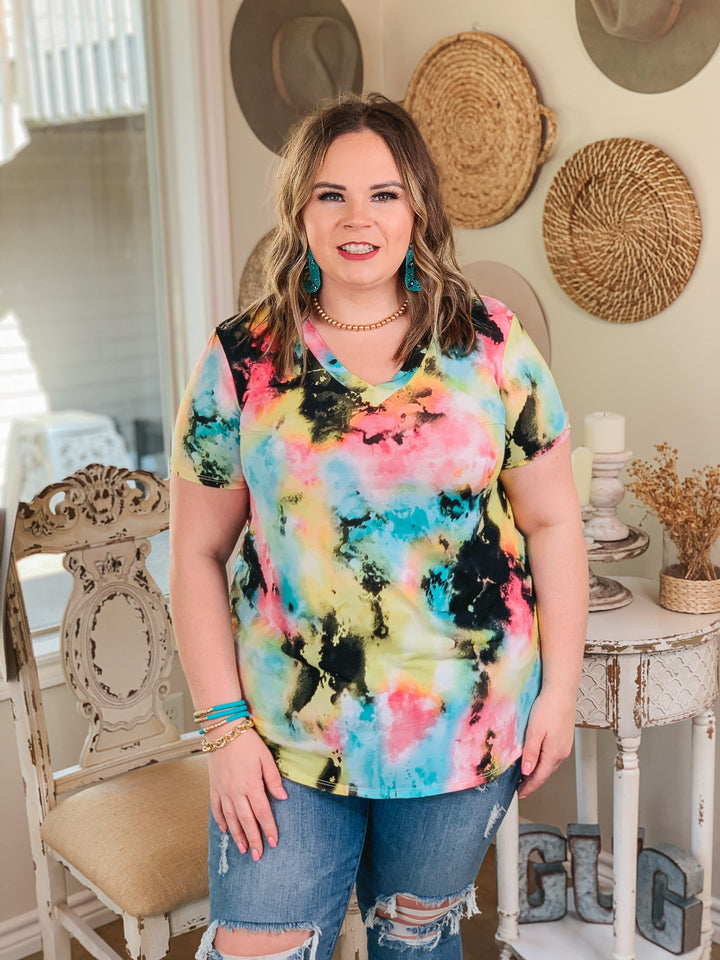 Last Chance Size Small | Keep Things Simple Tie Dye V Neck Tee in Black Multi - Giddy Up Glamour Boutique