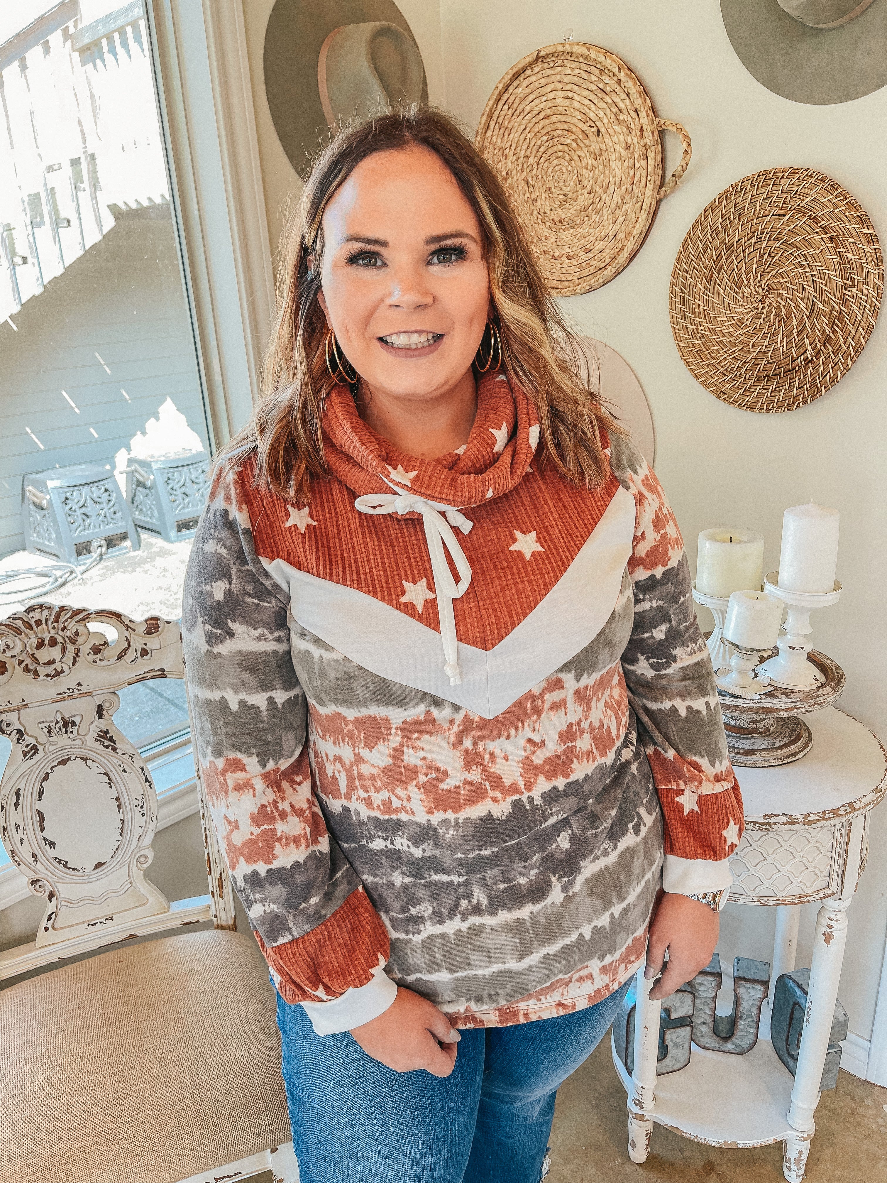 Star Daze Cowl Neck Star and Tie Dye Print Pullover Top in Rust and Grey - Giddy Up Glamour Boutique