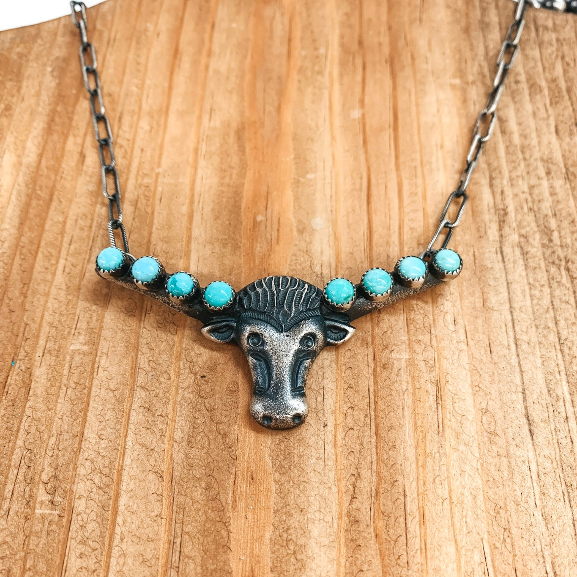 Kevin Billah |  Navajo Handmade Sterling Silver Longhorn Necklace with Turquoise Stone - Giddy Up Glamour Boutique