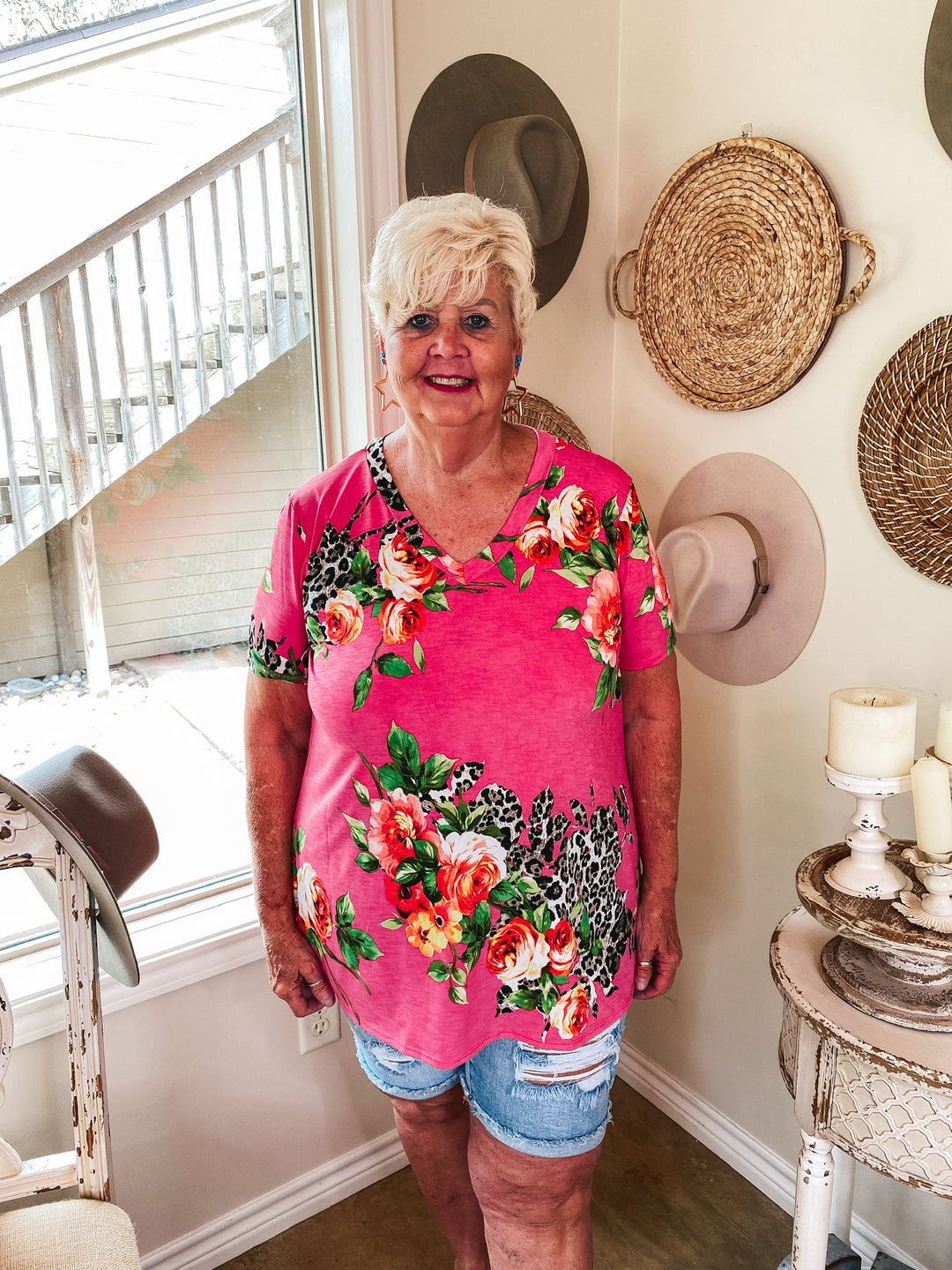 Last Chance Size Small | Keep Things Simple Floral and Leopard V Neck Tee in Fuchsia - Giddy Up Glamour Boutique