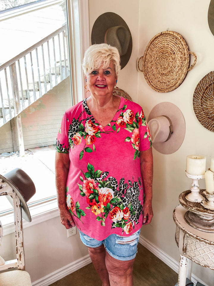 Last Chance Size Small | Keep Things Simple Floral and Leopard V Neck Tee in Fuchsia - Giddy Up Glamour Boutique