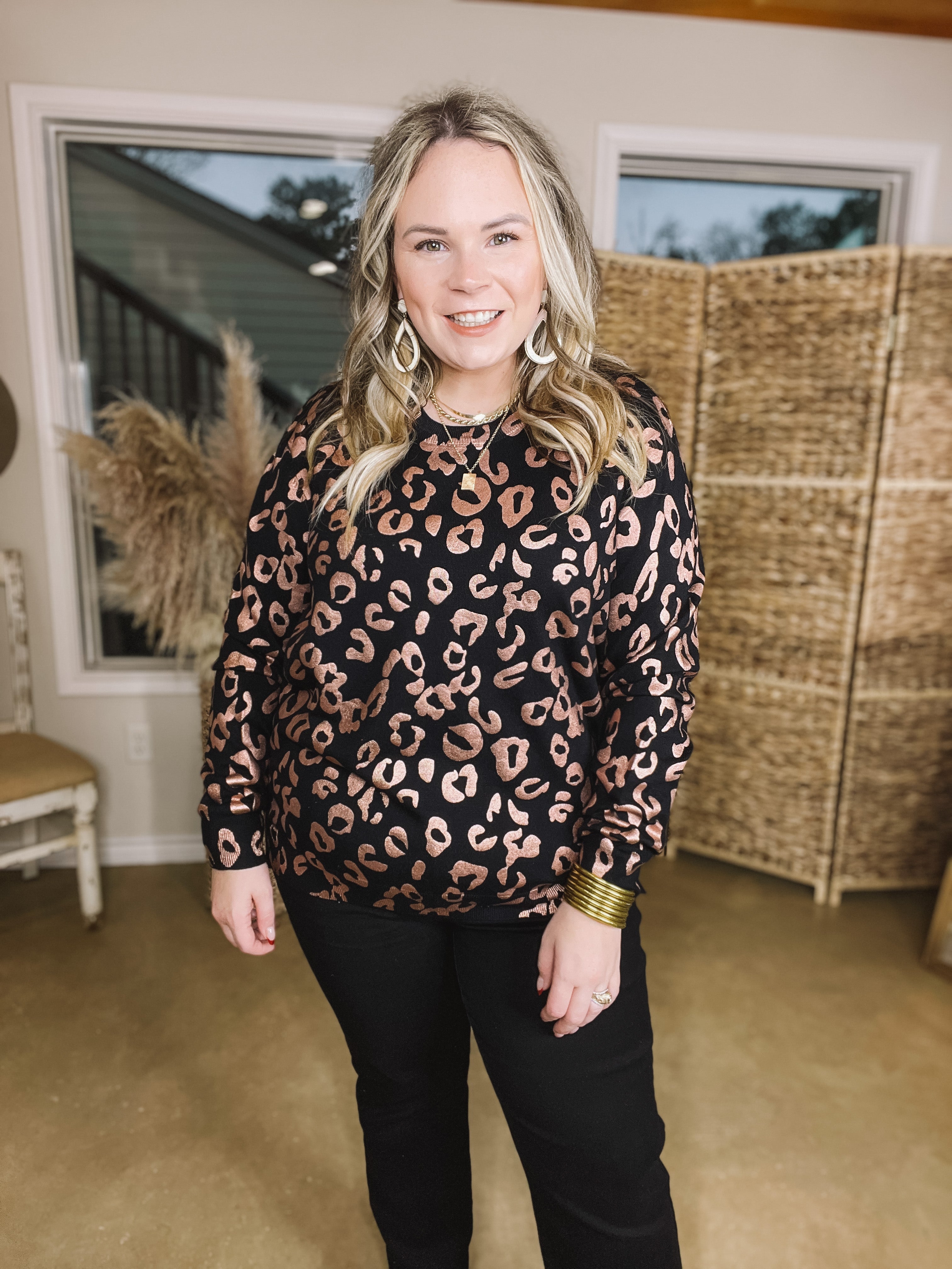 Trend Spotter Rose Metallic Leopard Print Sweater with Zipper Detail in Black - Giddy Up Glamour Boutique