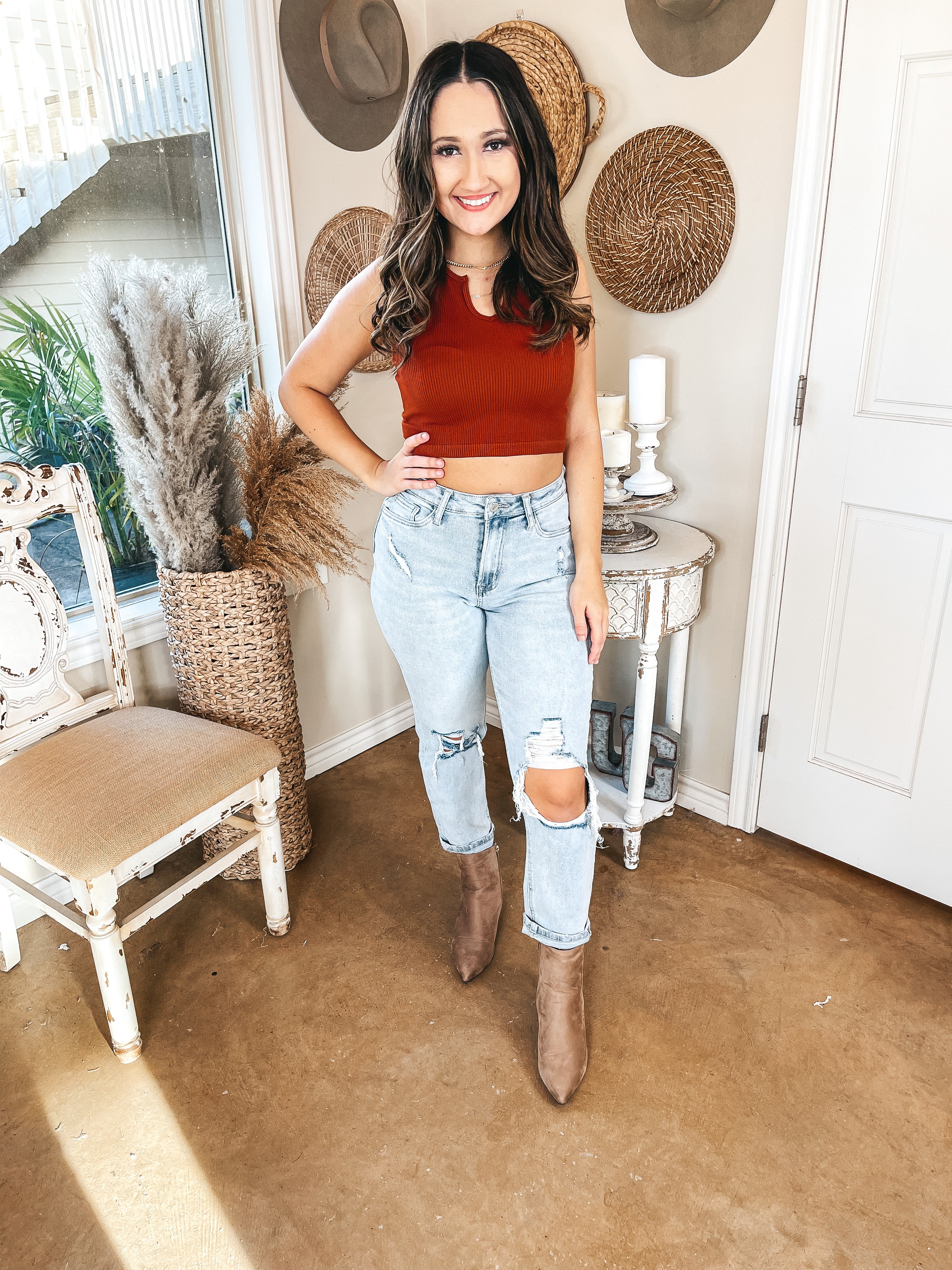 Dream Babe Notched Neckline Crop Tank Top in Rust Red - Giddy Up Glamour Boutique