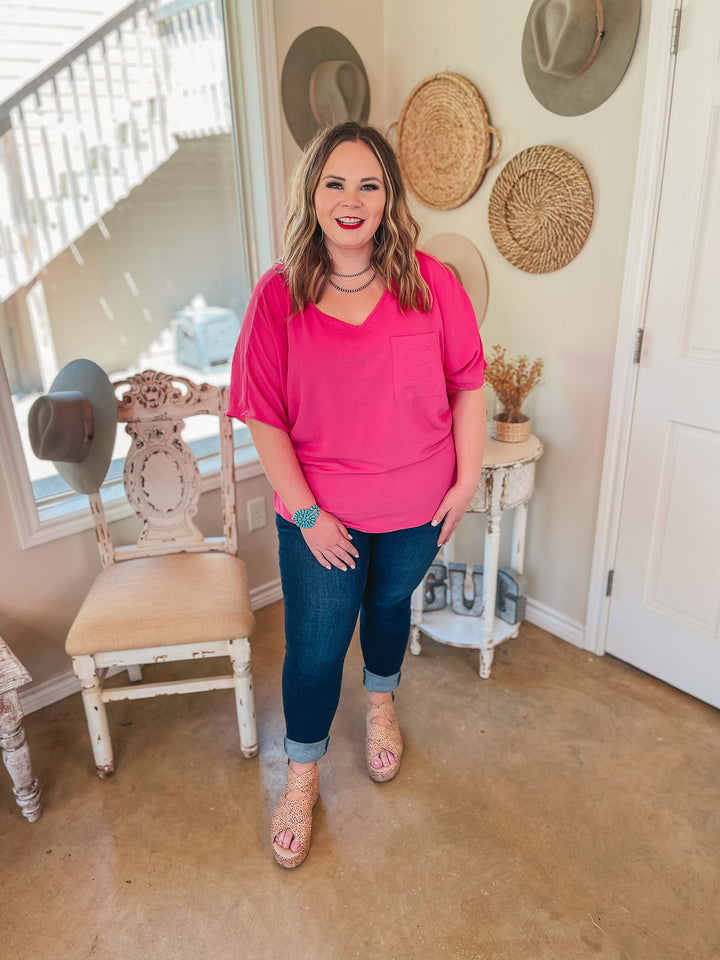 On Record V Neck Short Sleeve Shift Top with Front Pocket in Fuchsia - Giddy Up Glamour Boutique