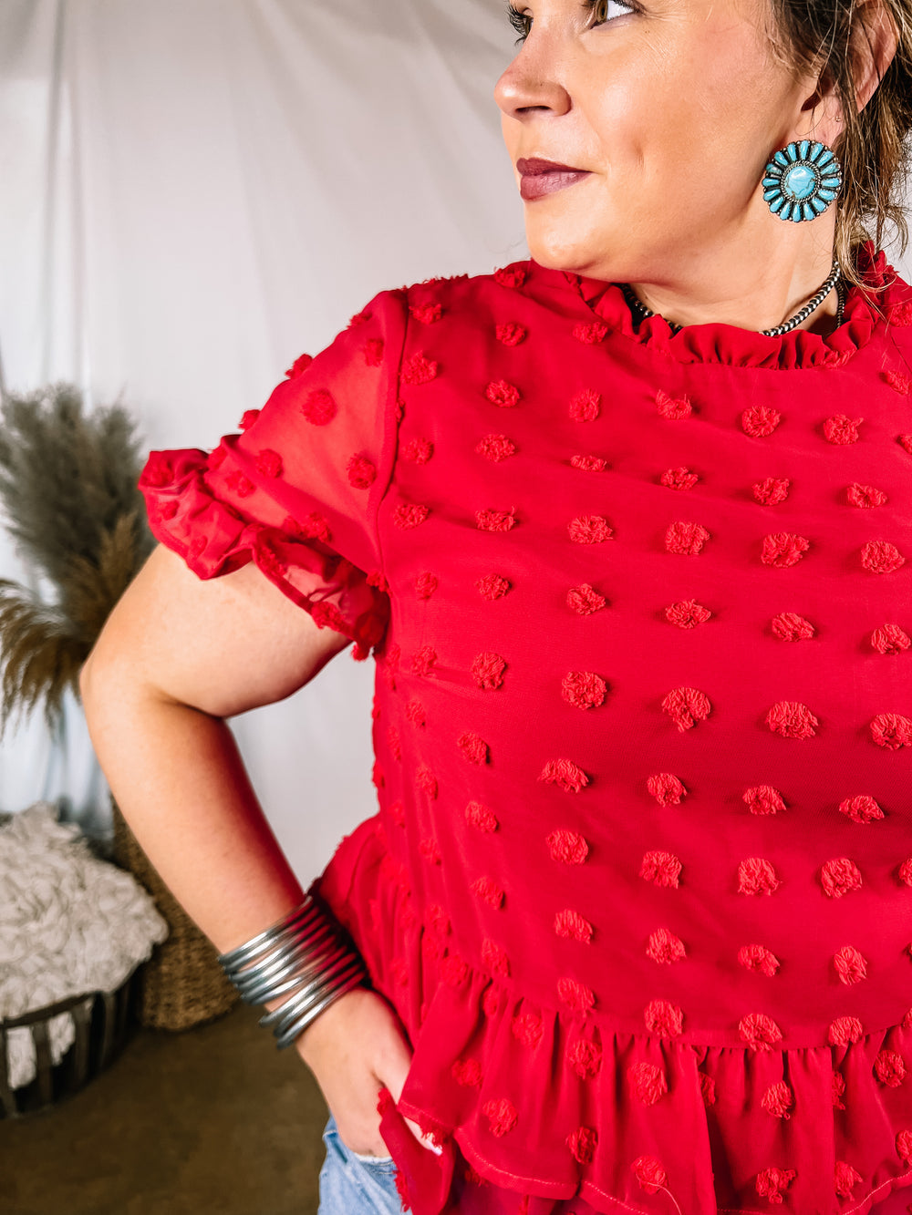 Garden Graceful Swiss Dot Ruffle Peplum Top in Red - Giddy Up Glamour Boutique