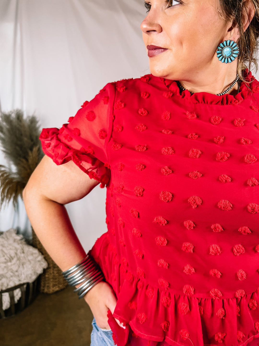 Garden Graceful Swiss Dot Ruffle Peplum Top in Red - Giddy Up Glamour Boutique