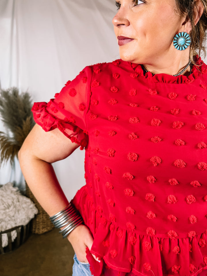Garden Graceful Swiss Dot Ruffle Peplum Top in Red - Giddy Up Glamour Boutique