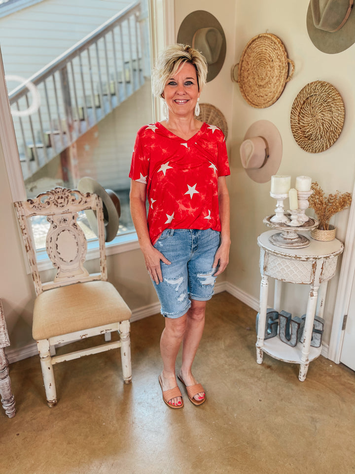 Keep Things Simple Tie Dye with Stars V Neck Tee in Red - Giddy Up Glamour Boutique