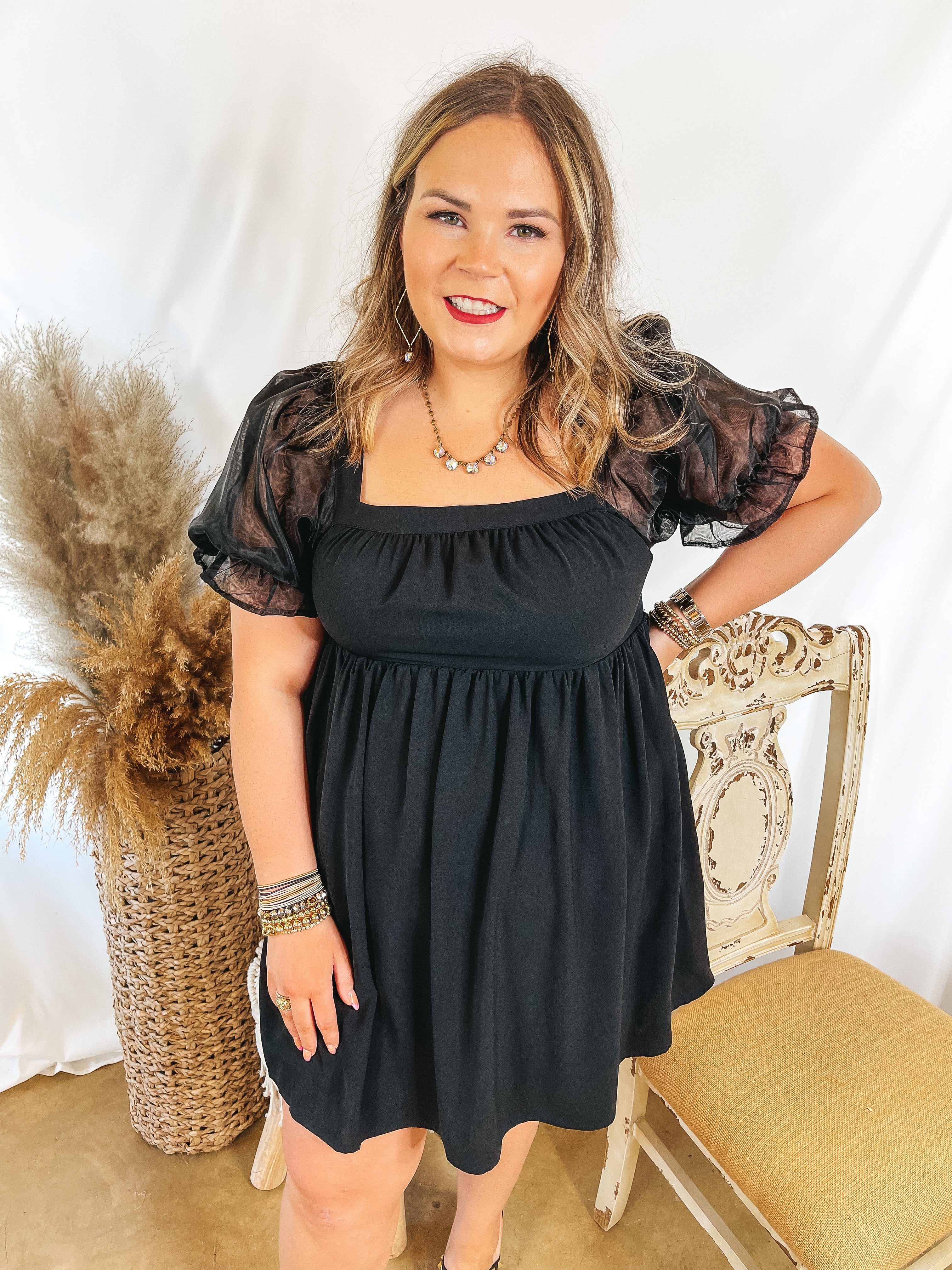 Seasonal Spice Puff Sleeve Babydoll Dress in Black - Giddy Up Glamour Boutique