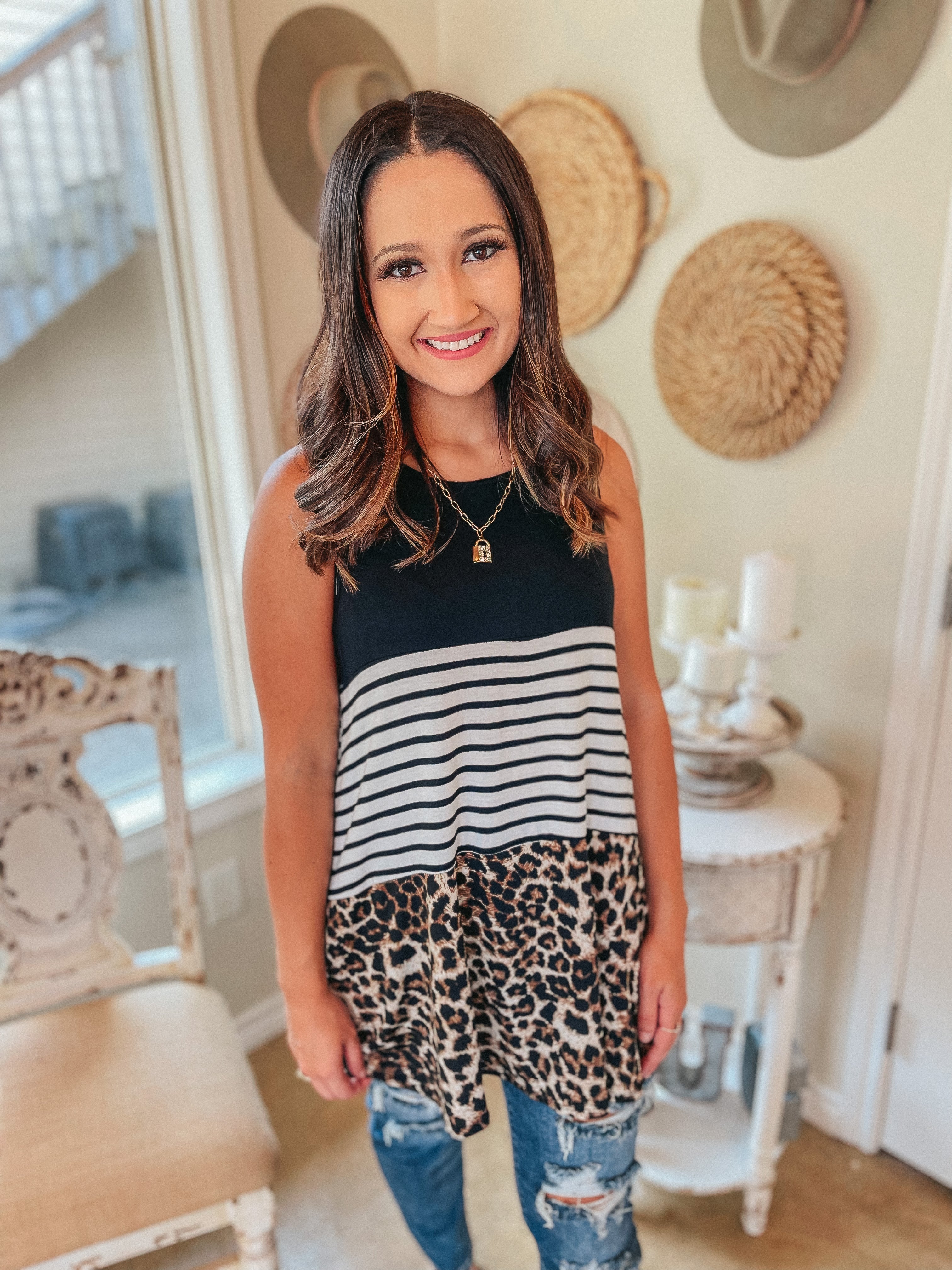 Treasured Love Striped and Leopard Print Block Tank Top in Black - Giddy Up Glamour Boutique