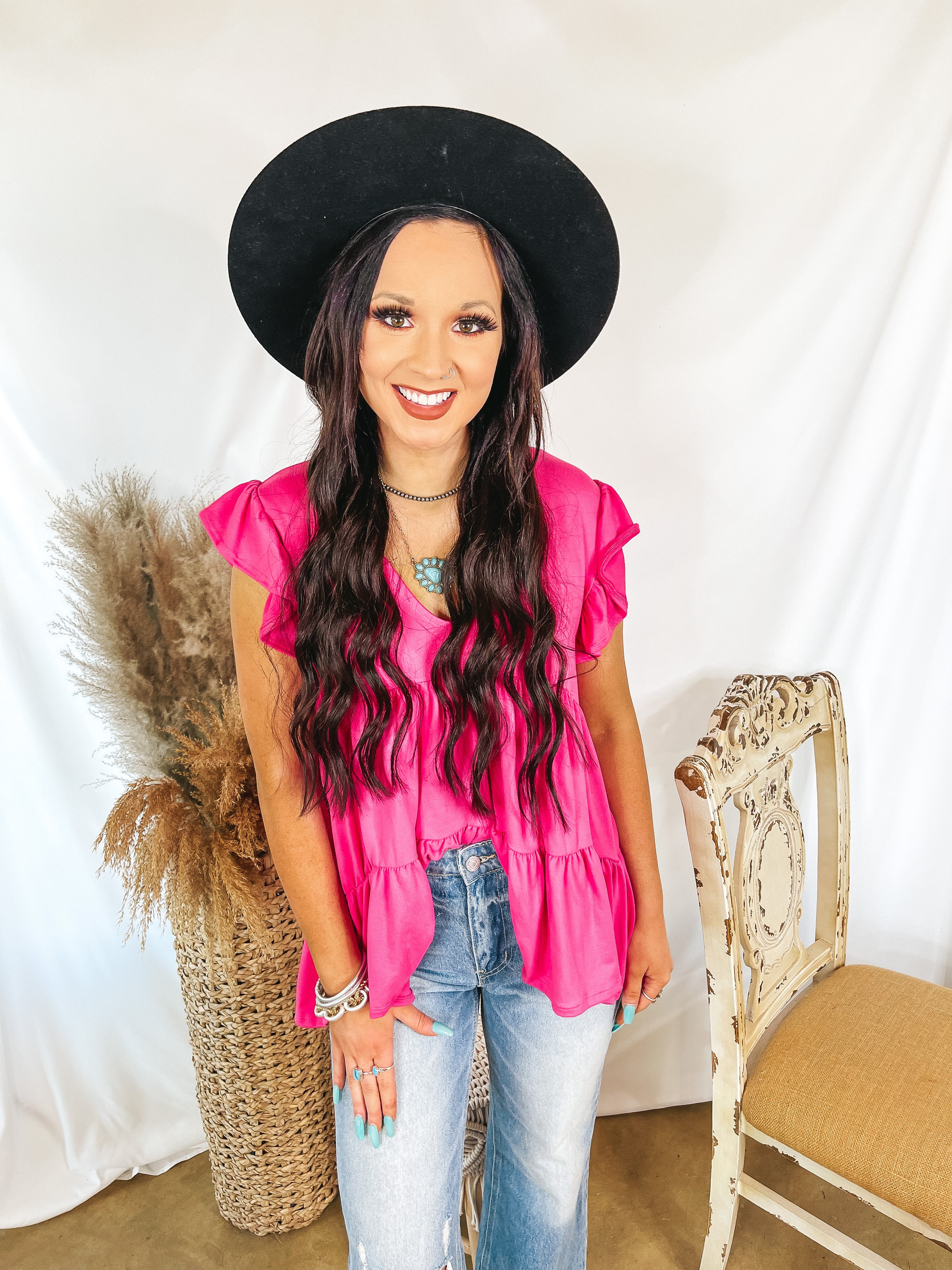 Make Your Debut Ruffle Tiered V Neck Top in Hot Pink - Giddy Up Glamour Boutique