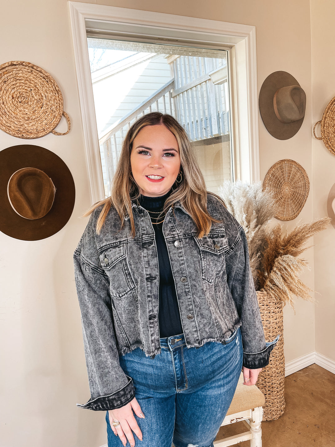 Nashville Nightlife Crystal Fringe Cropped Denim Jacket in Black Wash - Giddy Up Glamour Boutique