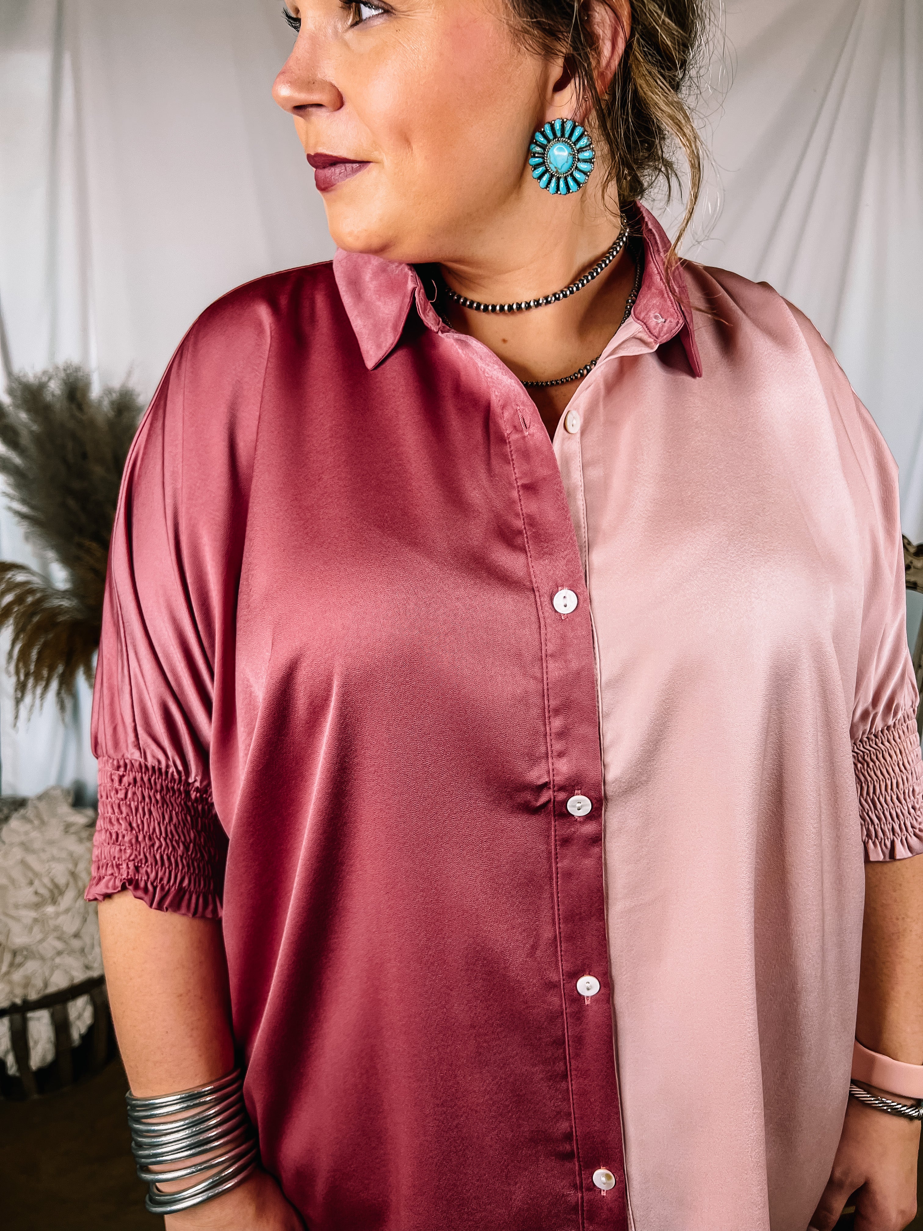 Major Glow Satin Smocked 3/4 Sleeve Button Up Blouse in Mauve and Blush Pink - Giddy Up Glamour Boutique