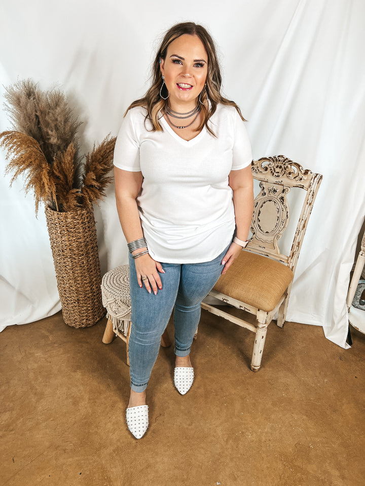 Simply Obsessed Ribbed Short Sleeve V Neck Top in Off White - Giddy Up Glamour Boutique