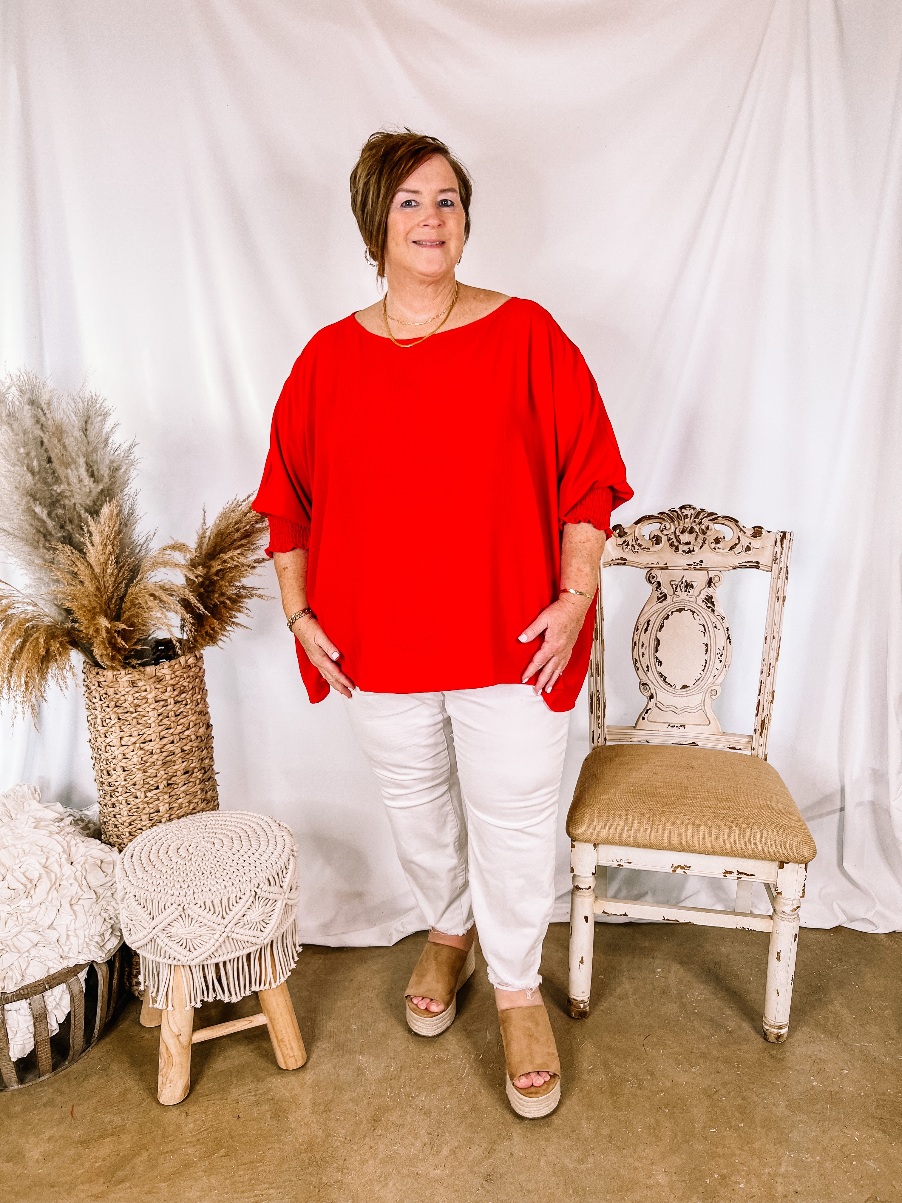 Growing and Glowing Smocked 3/4 Sleeve Oversized Blouse in Red - Giddy Up Glamour Boutique
