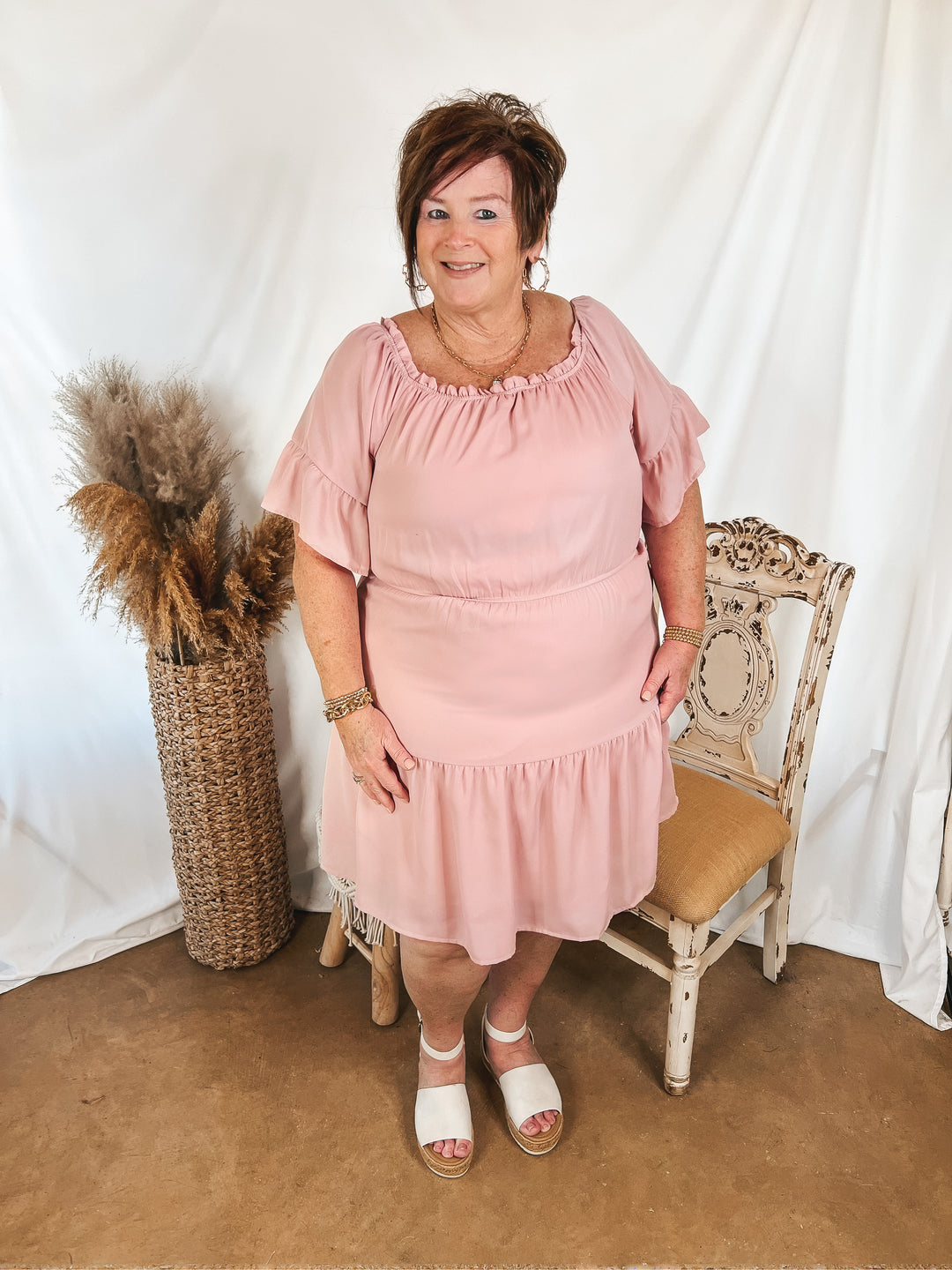 Visions of Romance Off the Shoulder Ruffle Tiered Dress in Dusty Pink - Giddy Up Glamour Boutique