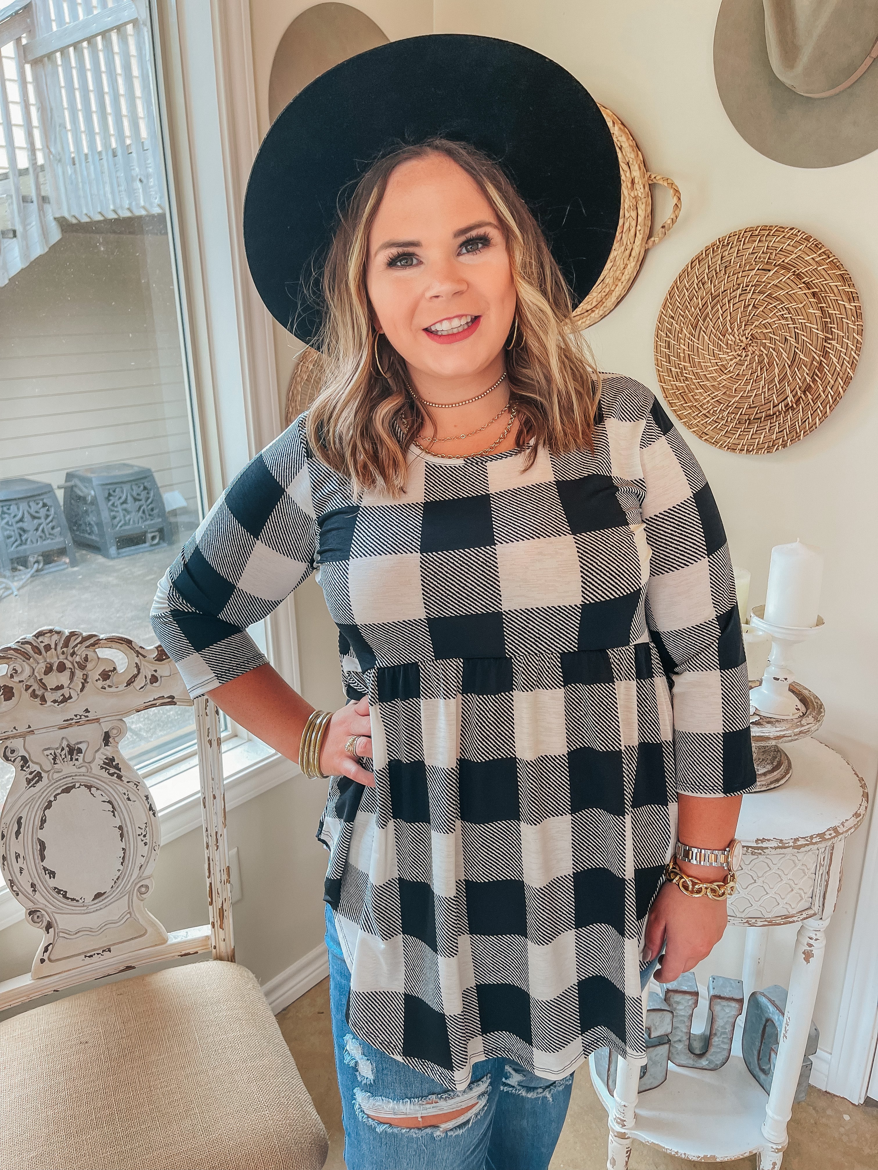 As You Wish Buffalo Plaid Baby Doll Top in Ivory - Giddy Up Glamour Boutique