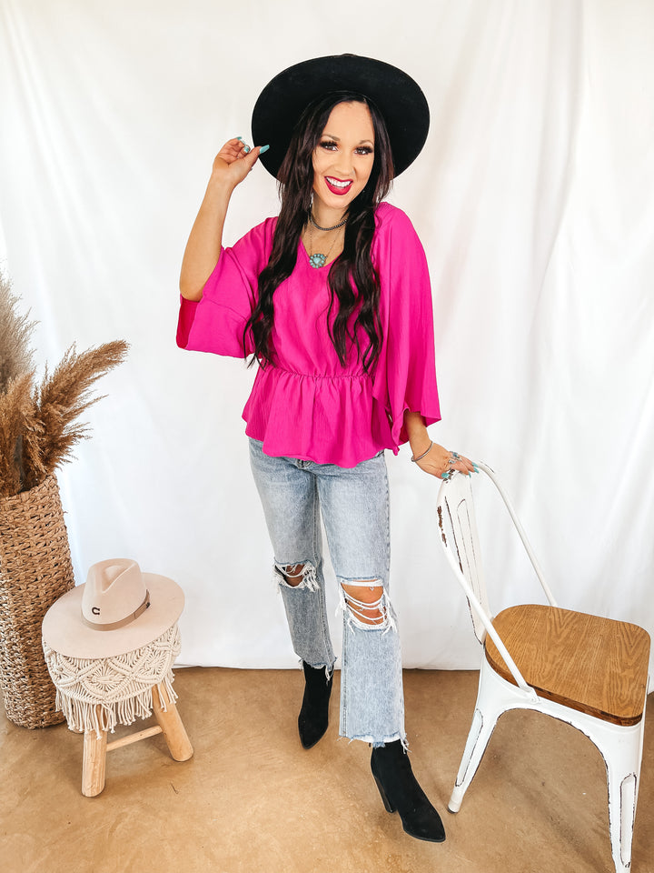 Switch It Up 3/4 Drop Sleeve Peplum Blouse in Fuchsia Pink - Giddy Up Glamour Boutique