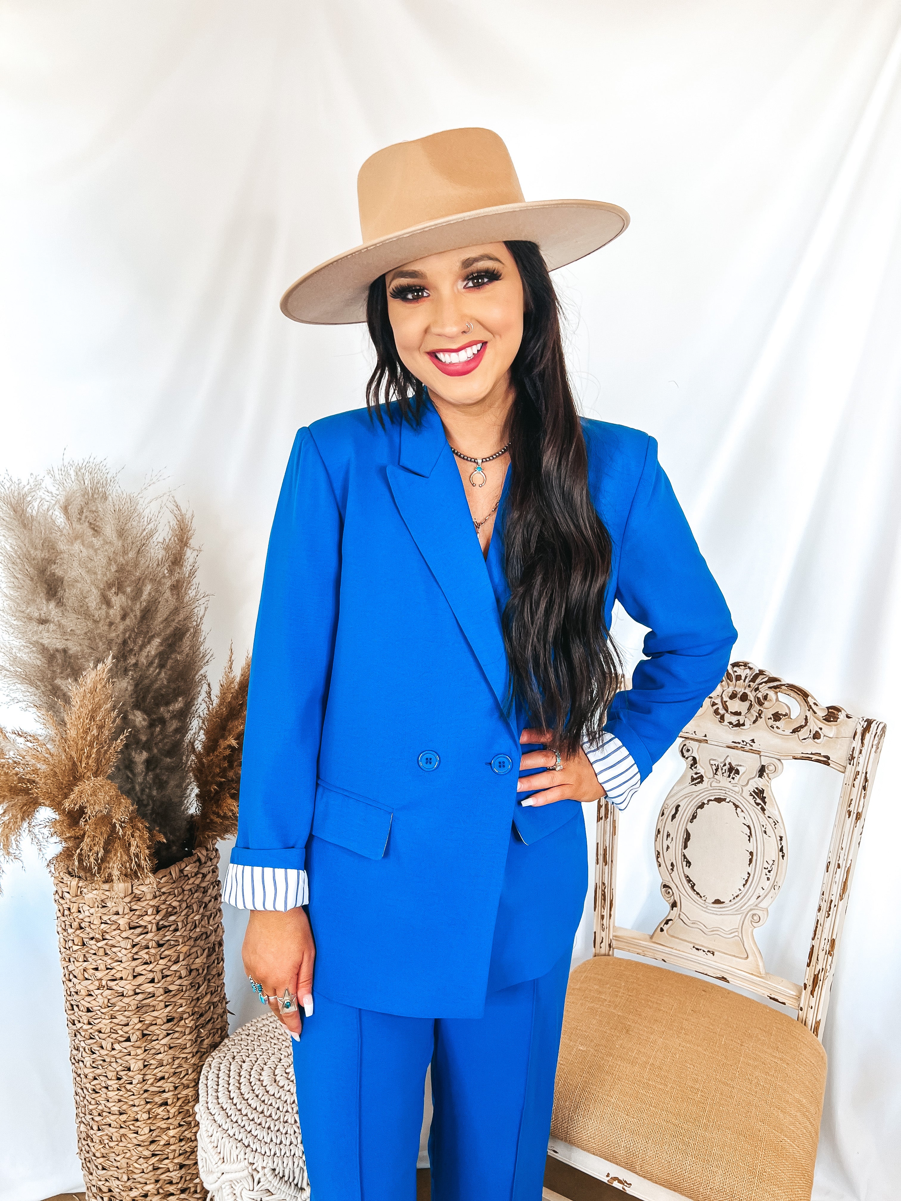 Bossy Business Double Button Blazer with Pockets in Royal Blue - Giddy Up Glamour Boutique