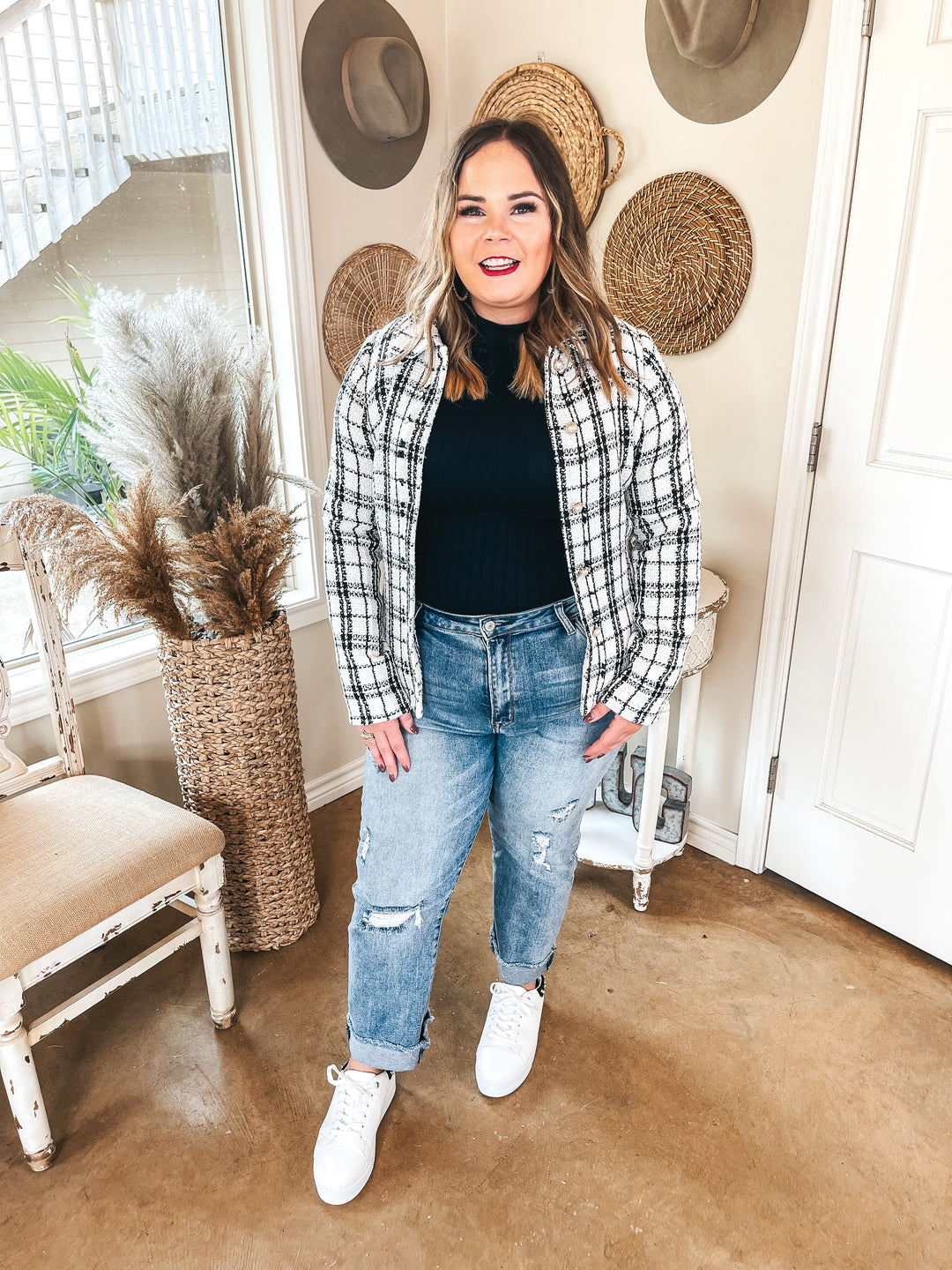 London Bridge Plaid Tweed Blazer in Ivory and Black - Giddy Up Glamour Boutique