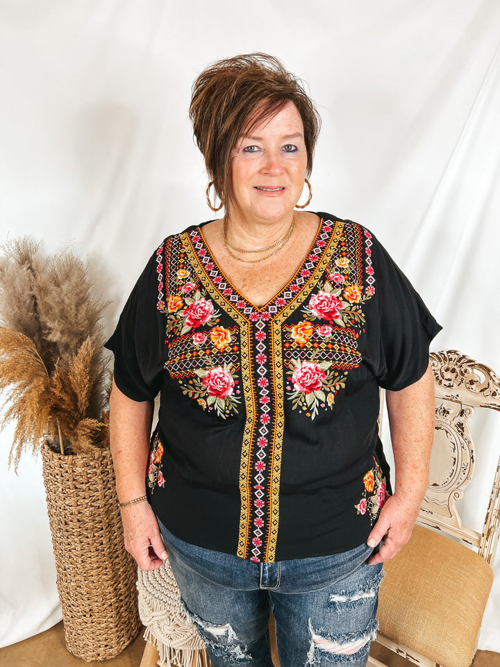 Time in Terlingua Southwest Embroidered Short Sleeve V Neck Top in Black - Giddy Up Glamour Boutique