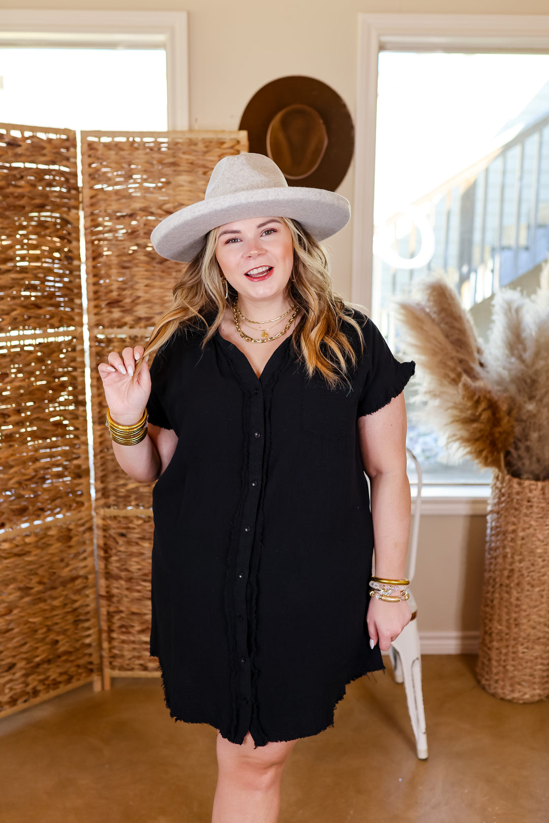 Spring Glow Button Up Raw Hem Dress in Black - Giddy Up Glamour Boutique