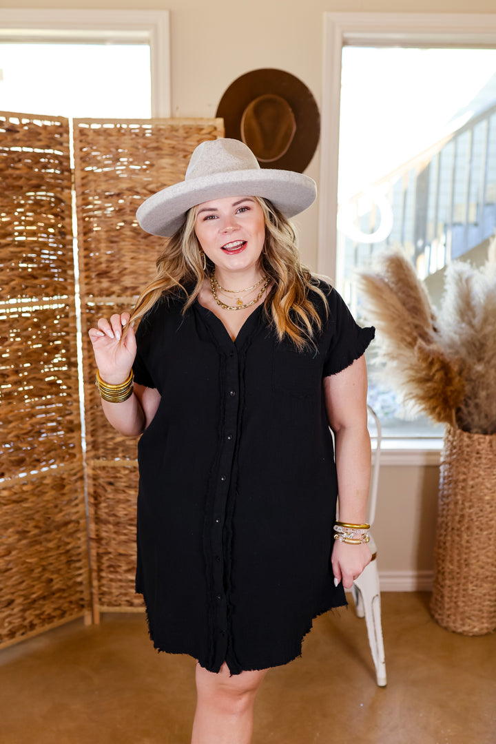 Spring Glow Button Up Raw Hem Dress in Black - Giddy Up Glamour Boutique