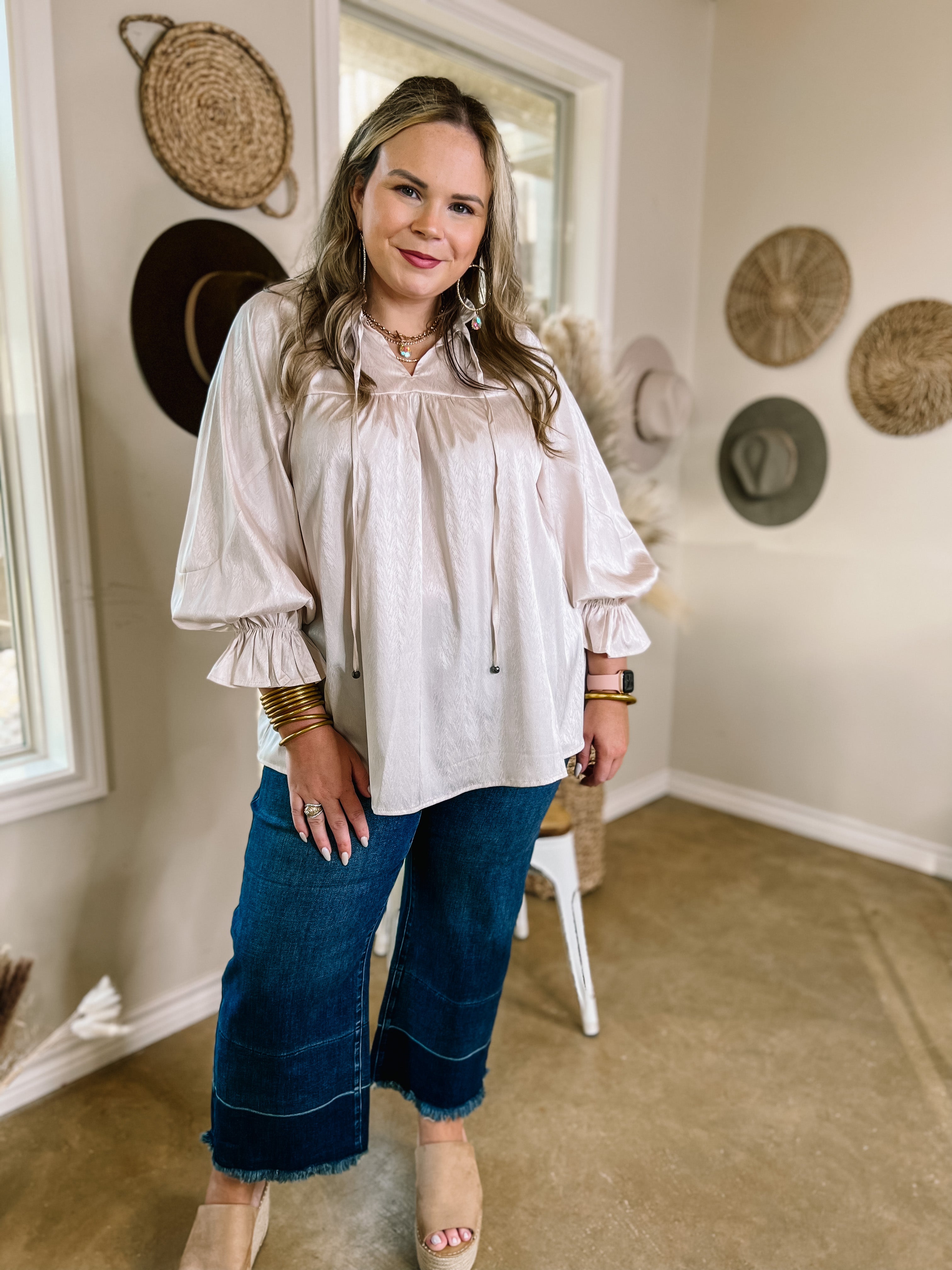 Sunset Situation Front Tie Keyhole Blouse in Ivory - Giddy Up Glamour Boutique