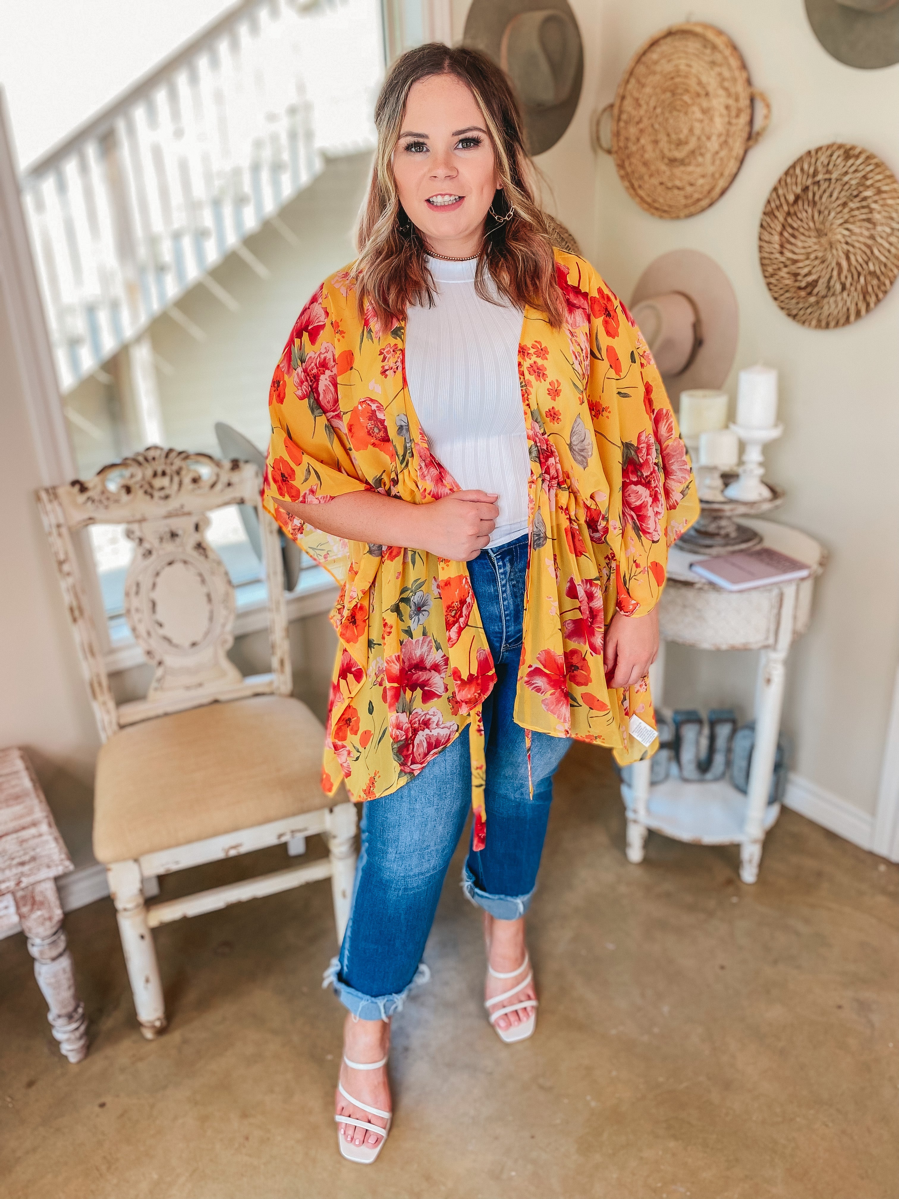 Tied Together with a Smile Waist Tie Closure Floral Drape Kimono in Yellow - Giddy Up Glamour Boutique