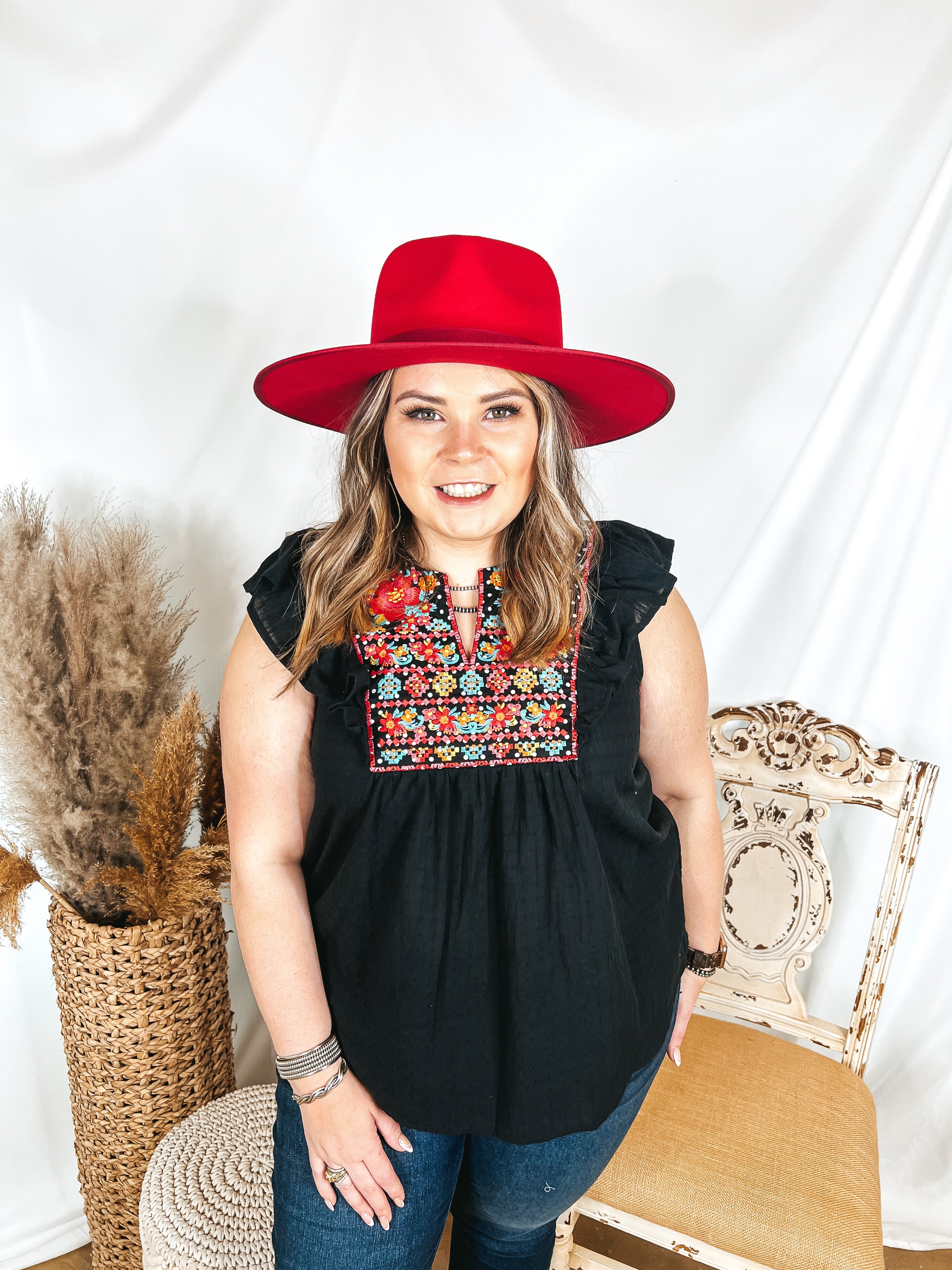 Cross My Heart Embroidered Yoke Top with Ruffle Cap Sleeves in Black - Giddy Up Glamour Boutique