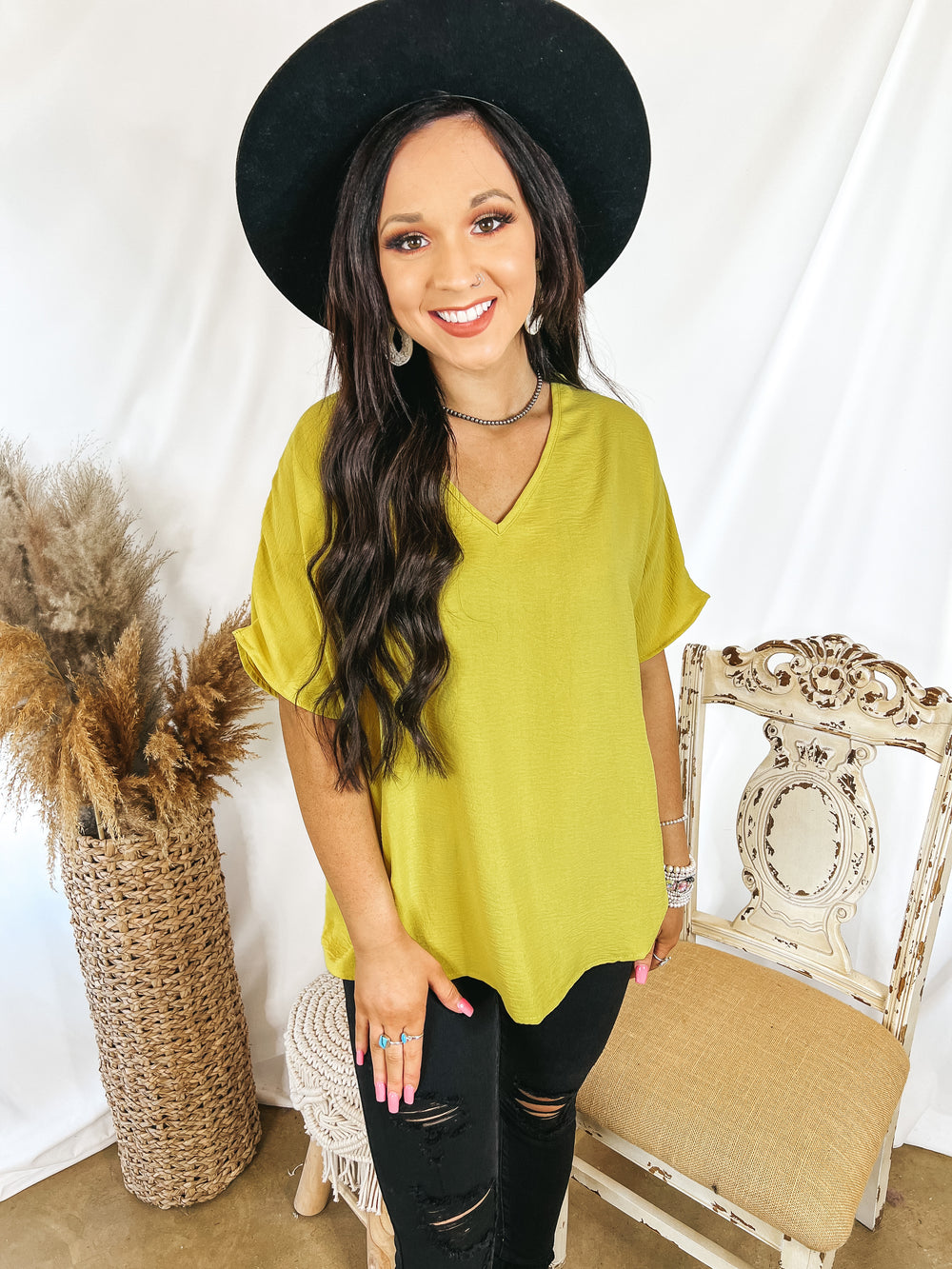 Lovely Dear V Neck Short Sleeve Solid Top in Gold Kiwi - Giddy Up Glamour Boutique