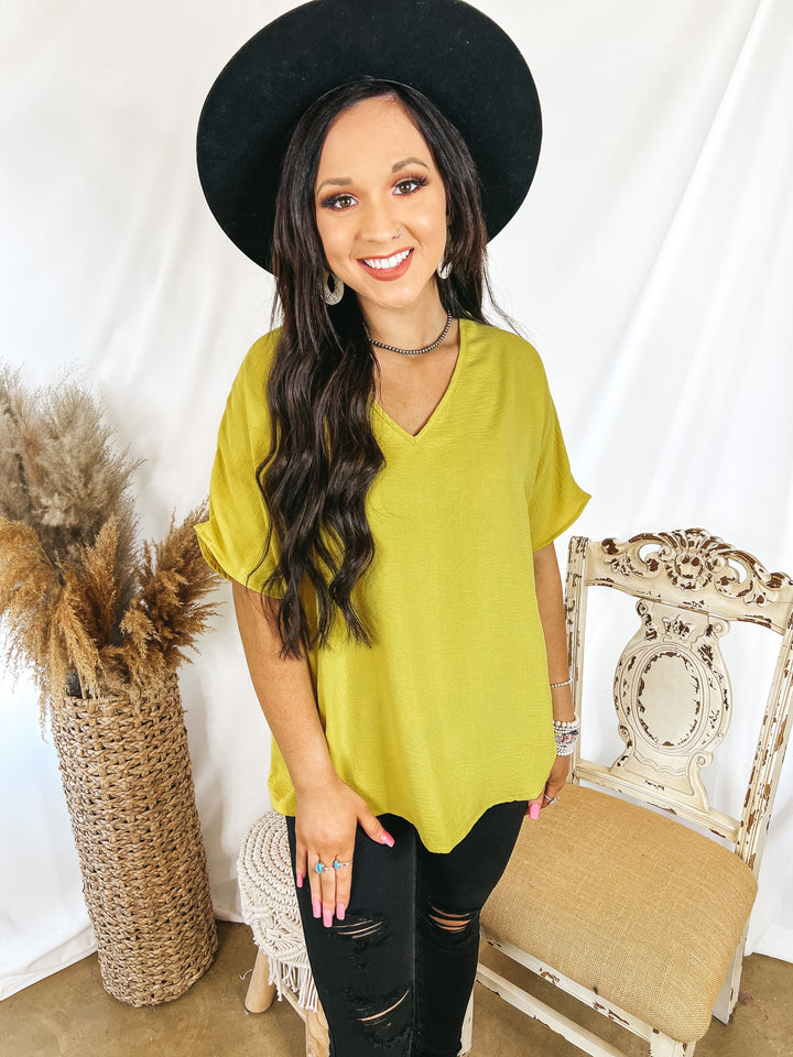 Lovely Dear V Neck Short Sleeve Solid Top in Gold Kiwi - Giddy Up Glamour Boutique